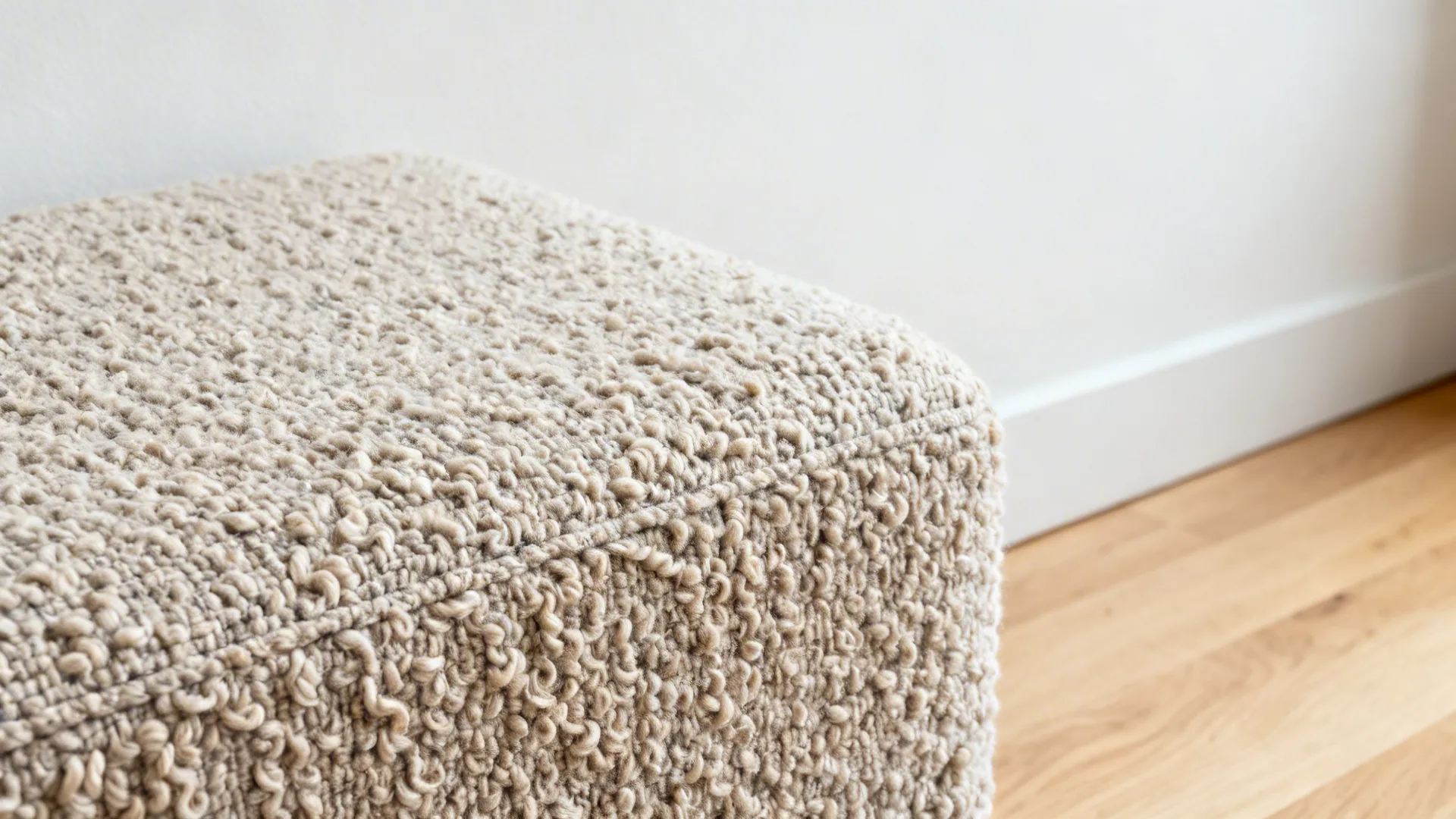 Close up of textured beige fabric footrest next to white wall and light wooden floors