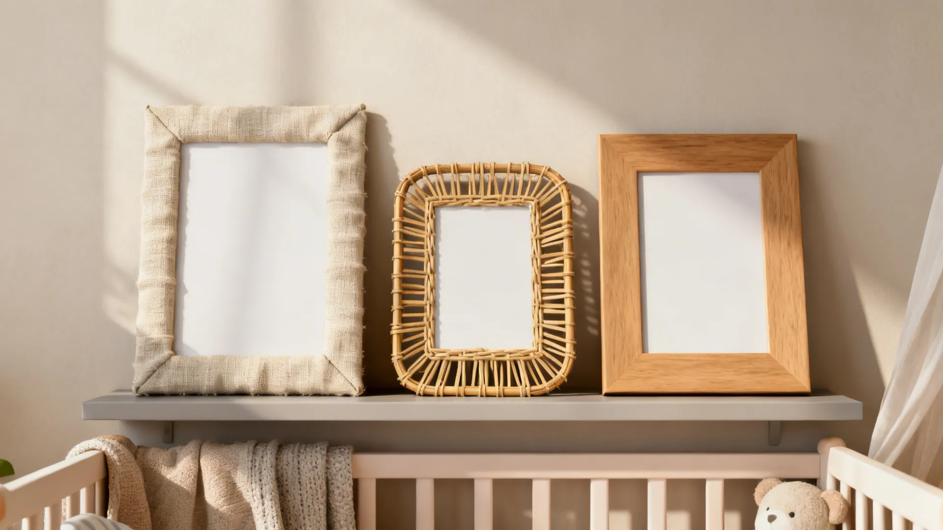 Three picture frames with different textures sitting on a grey shelf above a wooden baby crib