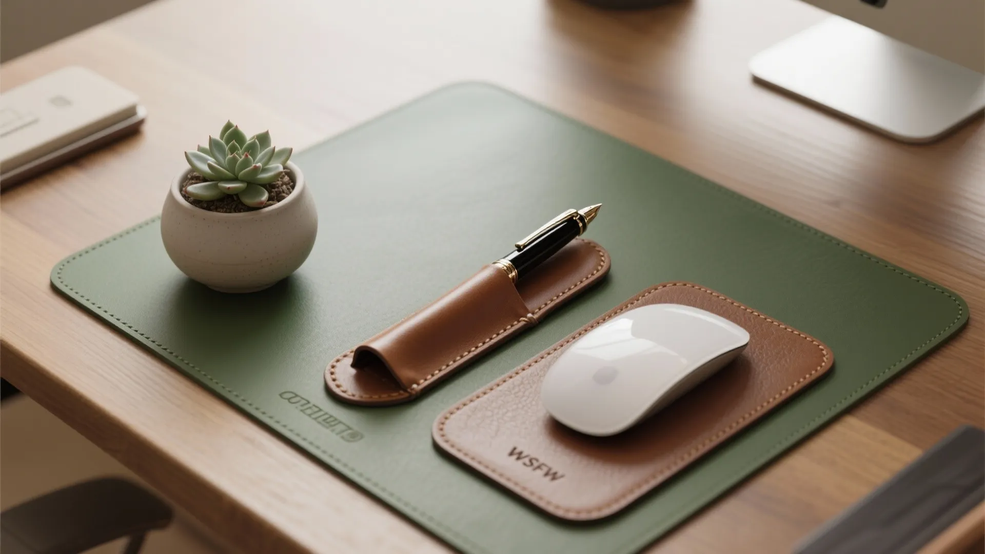 Green desk mat with brown leather mouse pad, white mouse, pen holder, and small plant