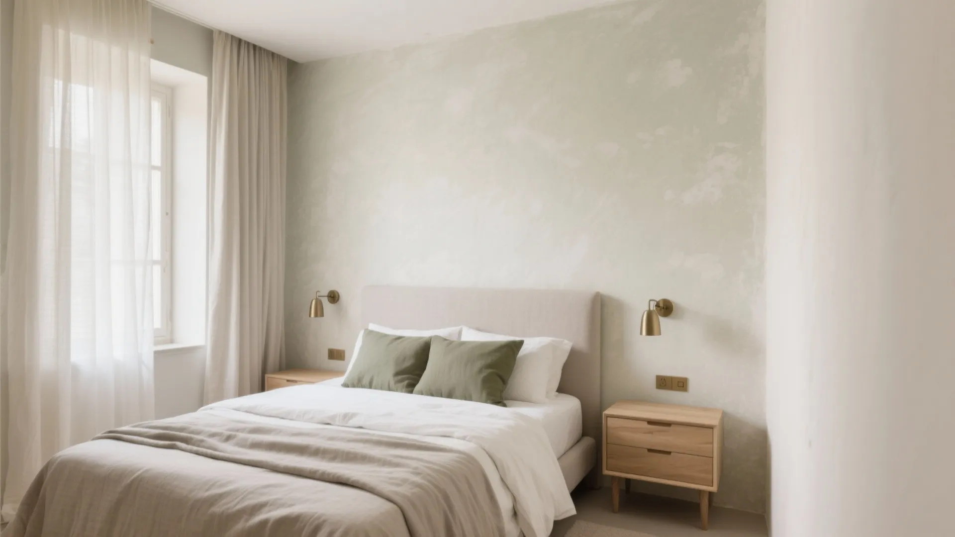 Bright bedroom featuring light green wall, green pillows, wooden nightstands, gold wall lights, and curtains