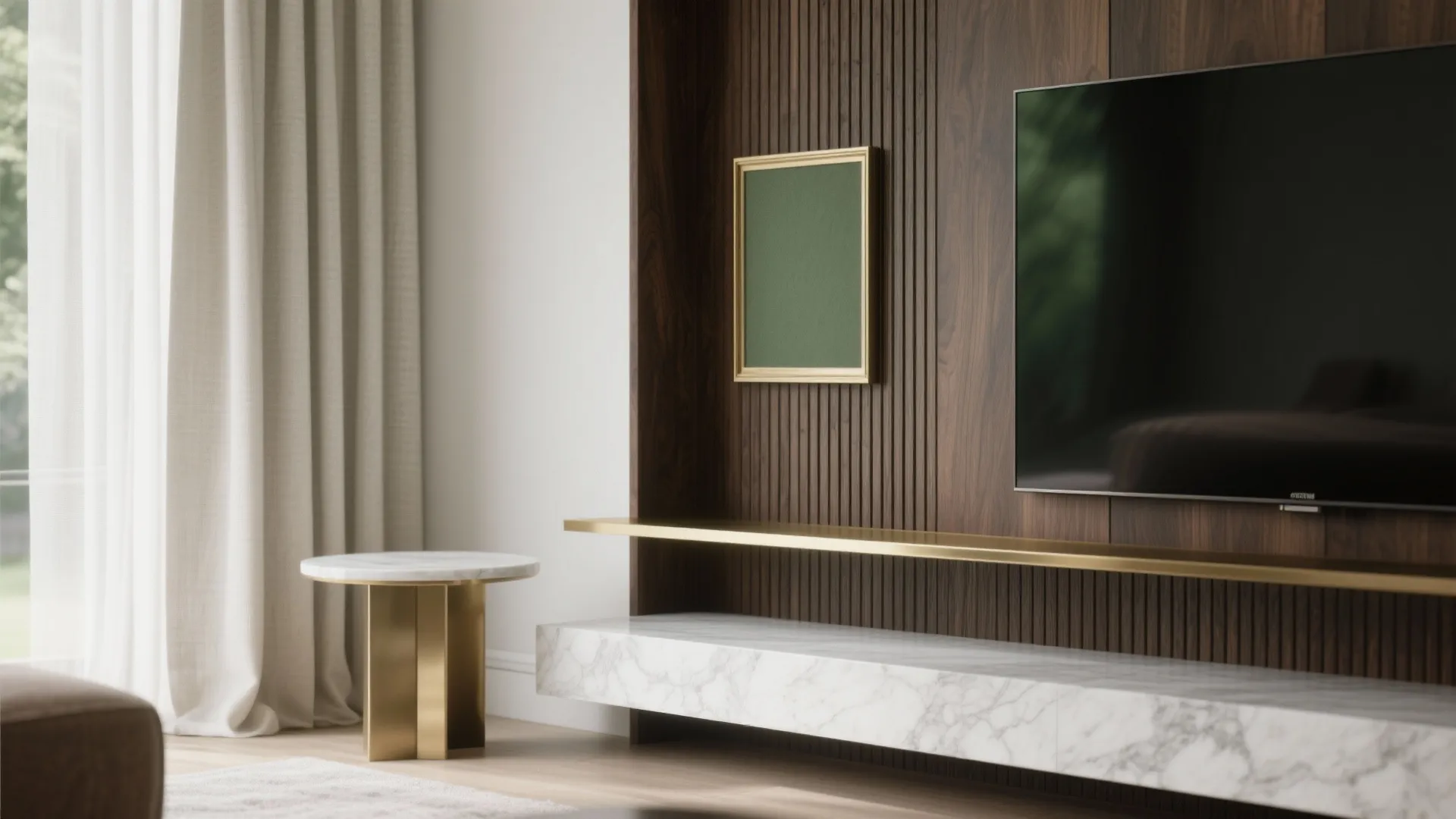 Macro of ribbed smoked oak with a slim brass ledge beside linen drapery and a honed marble edge.
