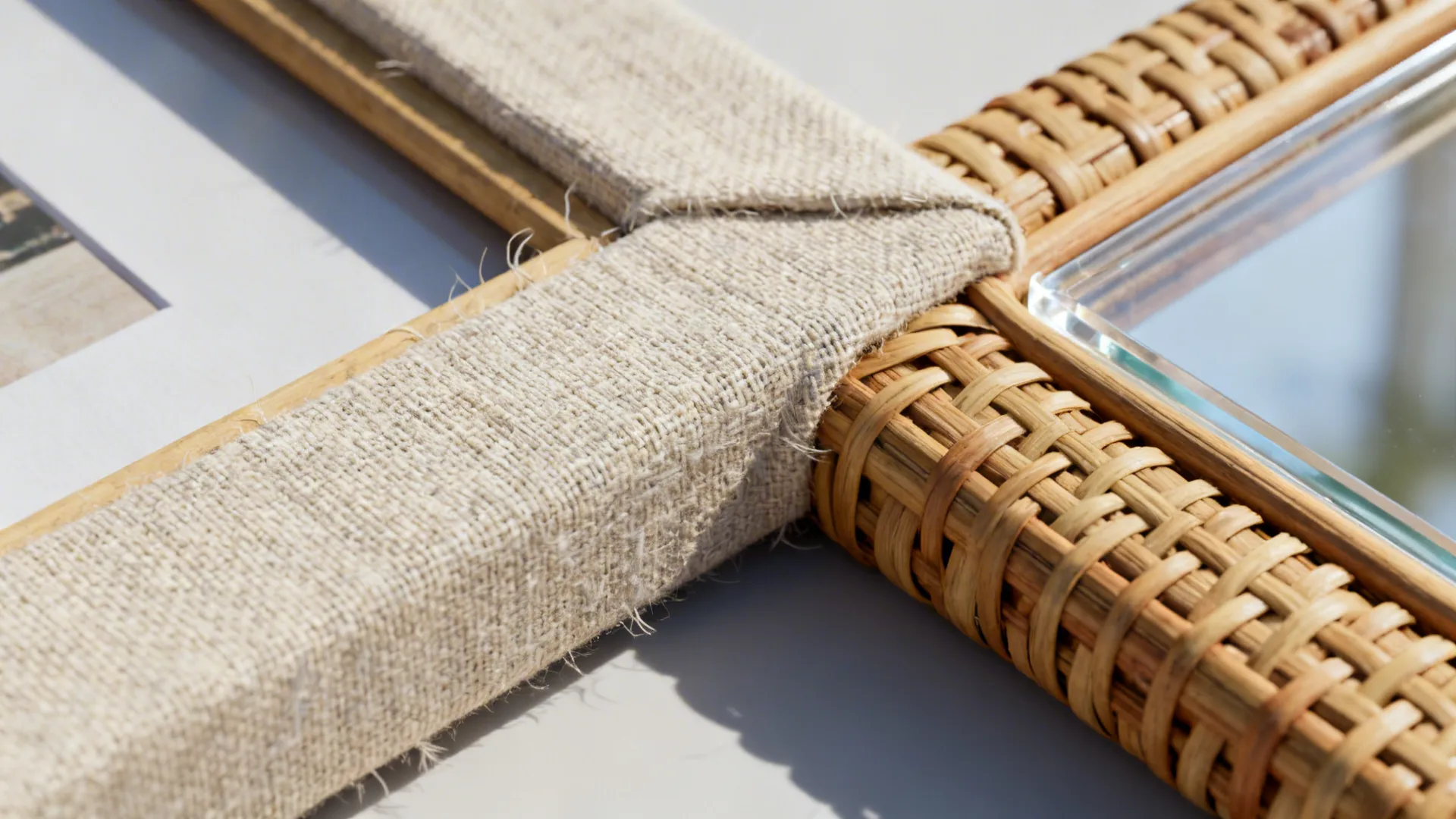 Close up of two picture frames featuring natural linen fabric texture and woven brown rattan material