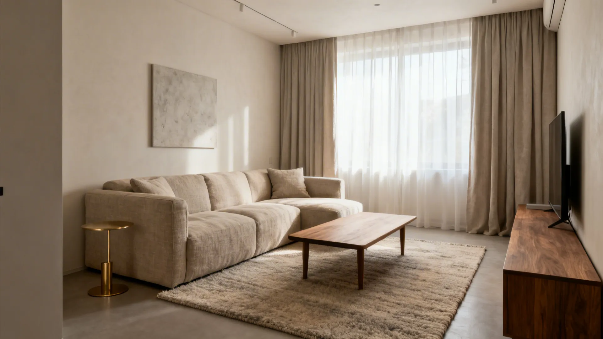 Minimalist small living room with linen sofa, wool rug, matte oak, and warm lighting in calm neutrals.