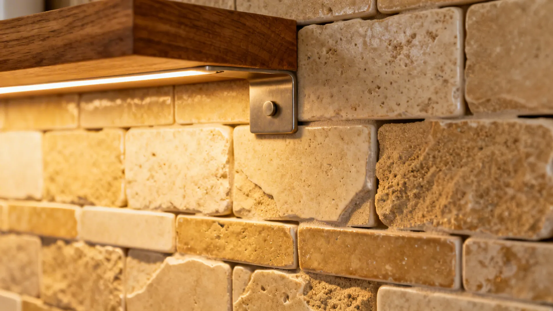 Macro of sand-toned textured mosaic beside oak shelf and matte metal bracket under warm light.