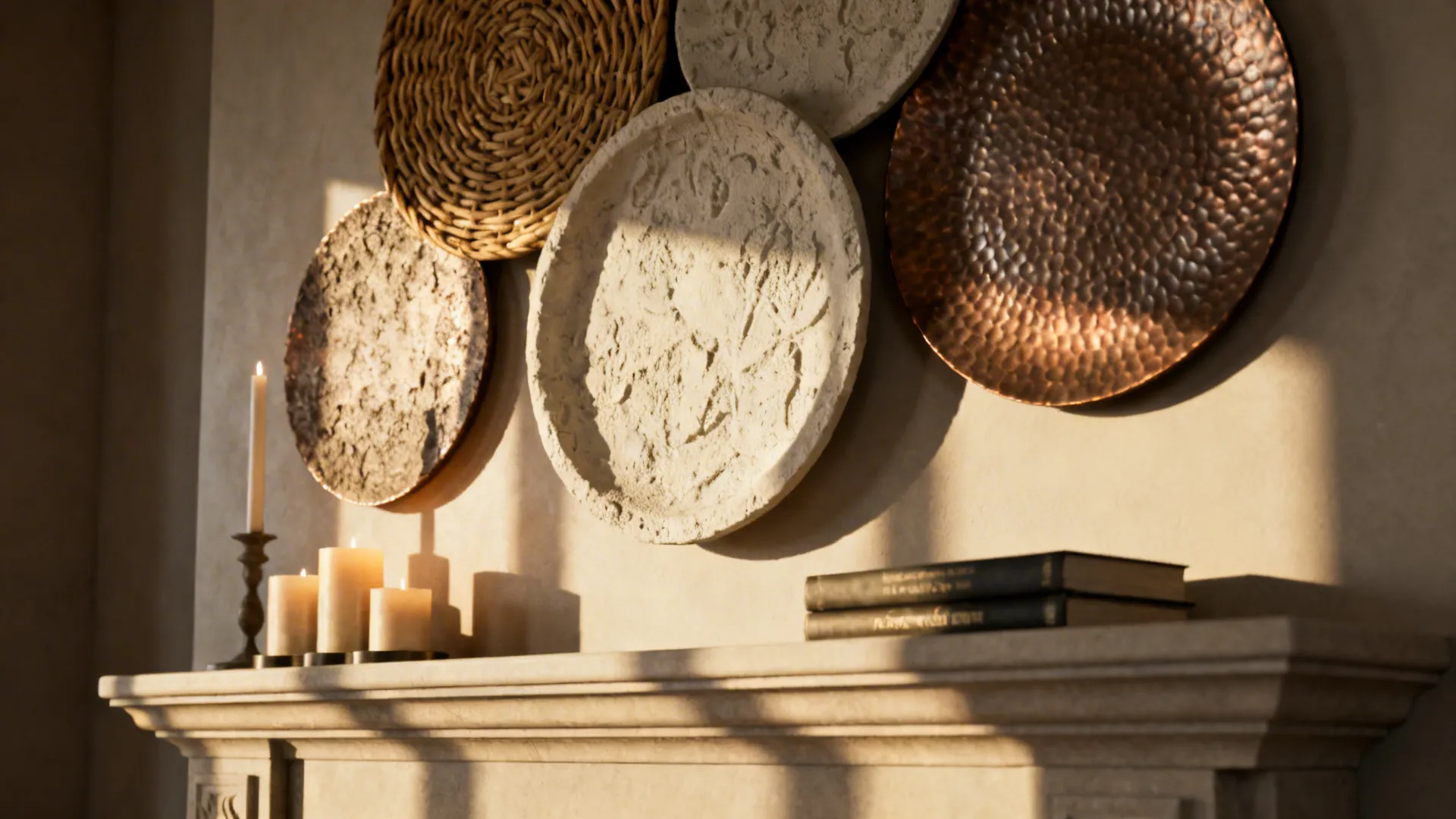 Textured round wall sculptures (wicker, metal, plaster) casting shadows above a mantel