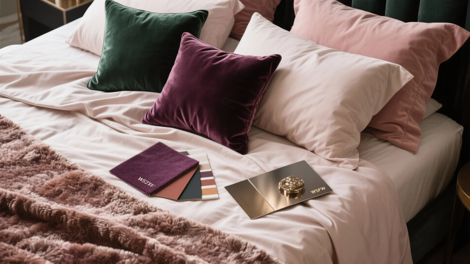 Bed with pink and green velvet pillows fabric samples and a soft furry brown blanket