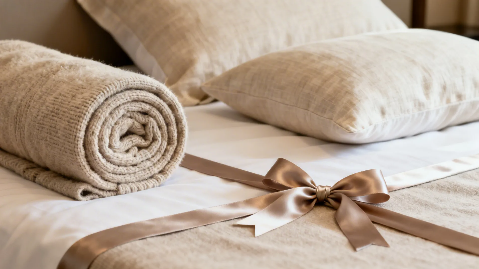 Close-up of linen shams, a rolled neutral throw, and a satin ribbon on a hotel bed.