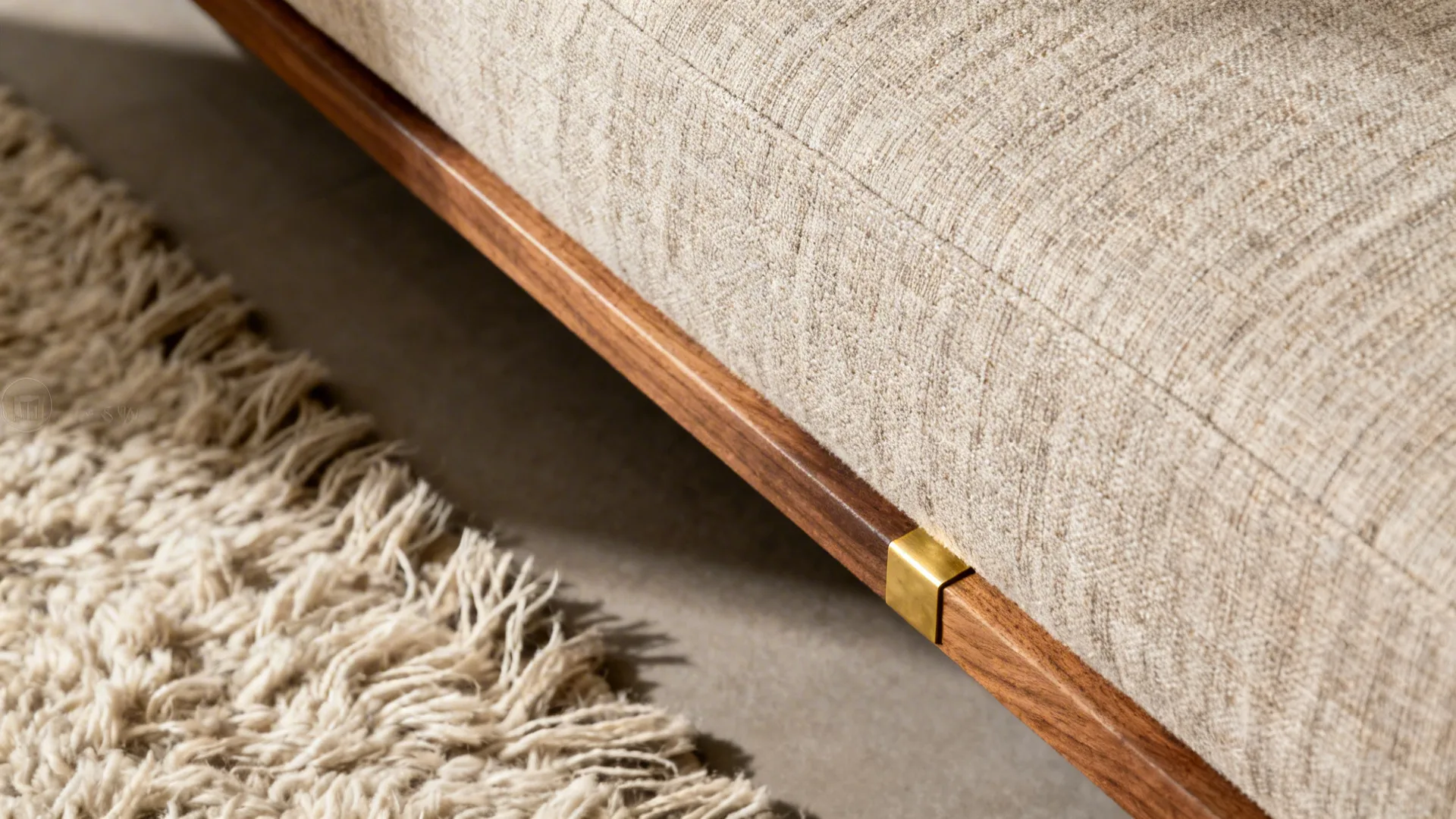 Macro of linen upholstery, wool rug fibers, and matte oak with subtle brass in warm light.