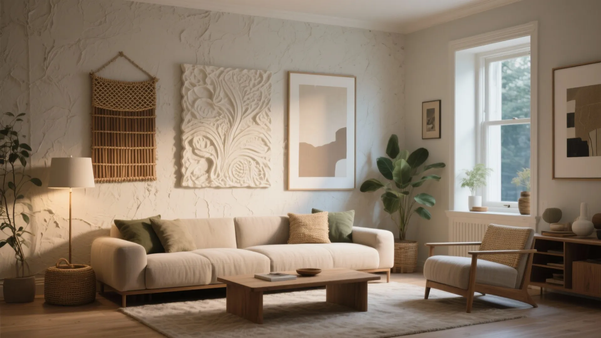 Cozy living room with beige sofa wooden coffee table textured wall art plants and light