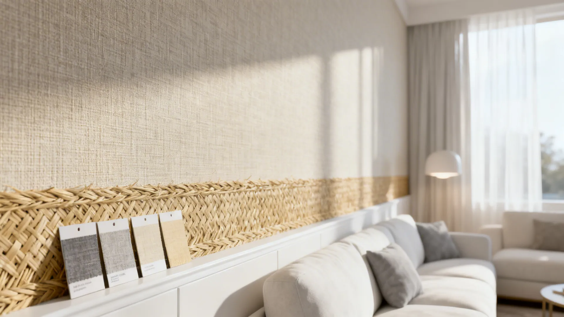 Neutral linen-textured wallpaper accent wall in a bright white living room