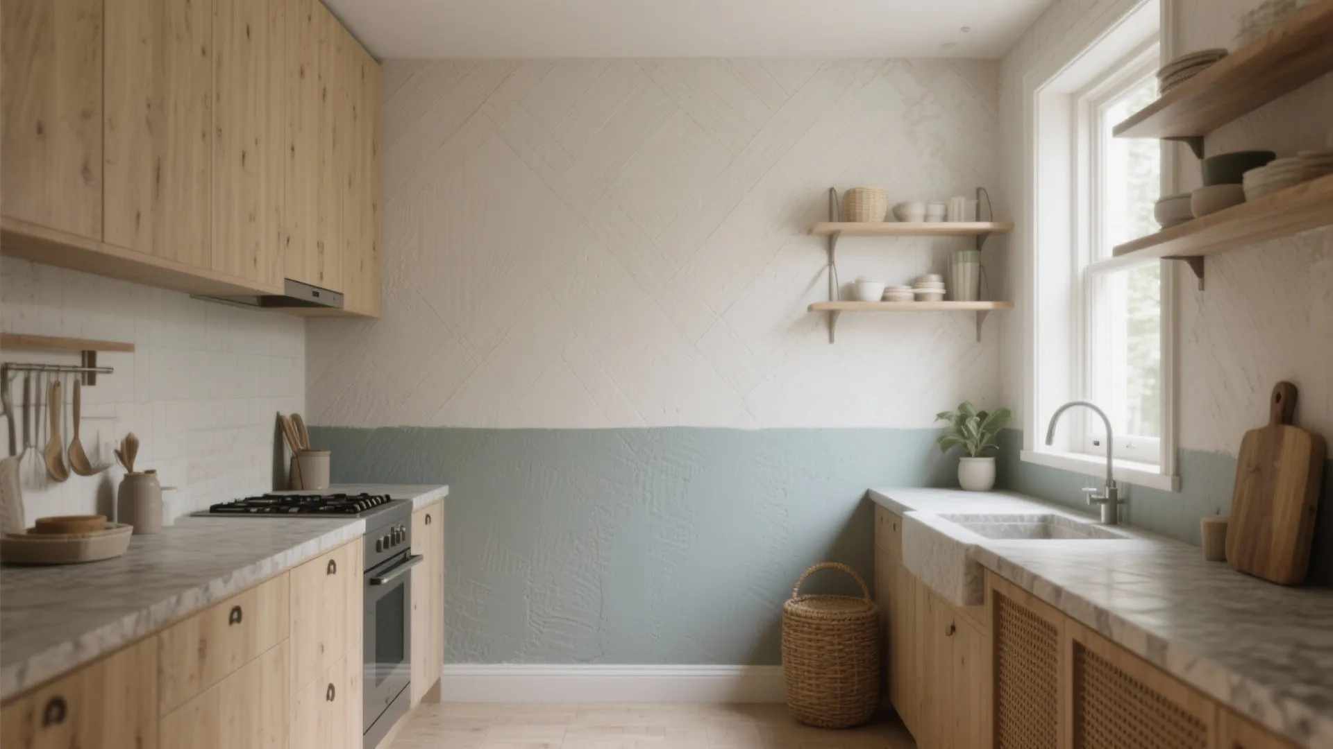 Modern kitchen with wood cabinets marble countertops a textured white and green wall and sink