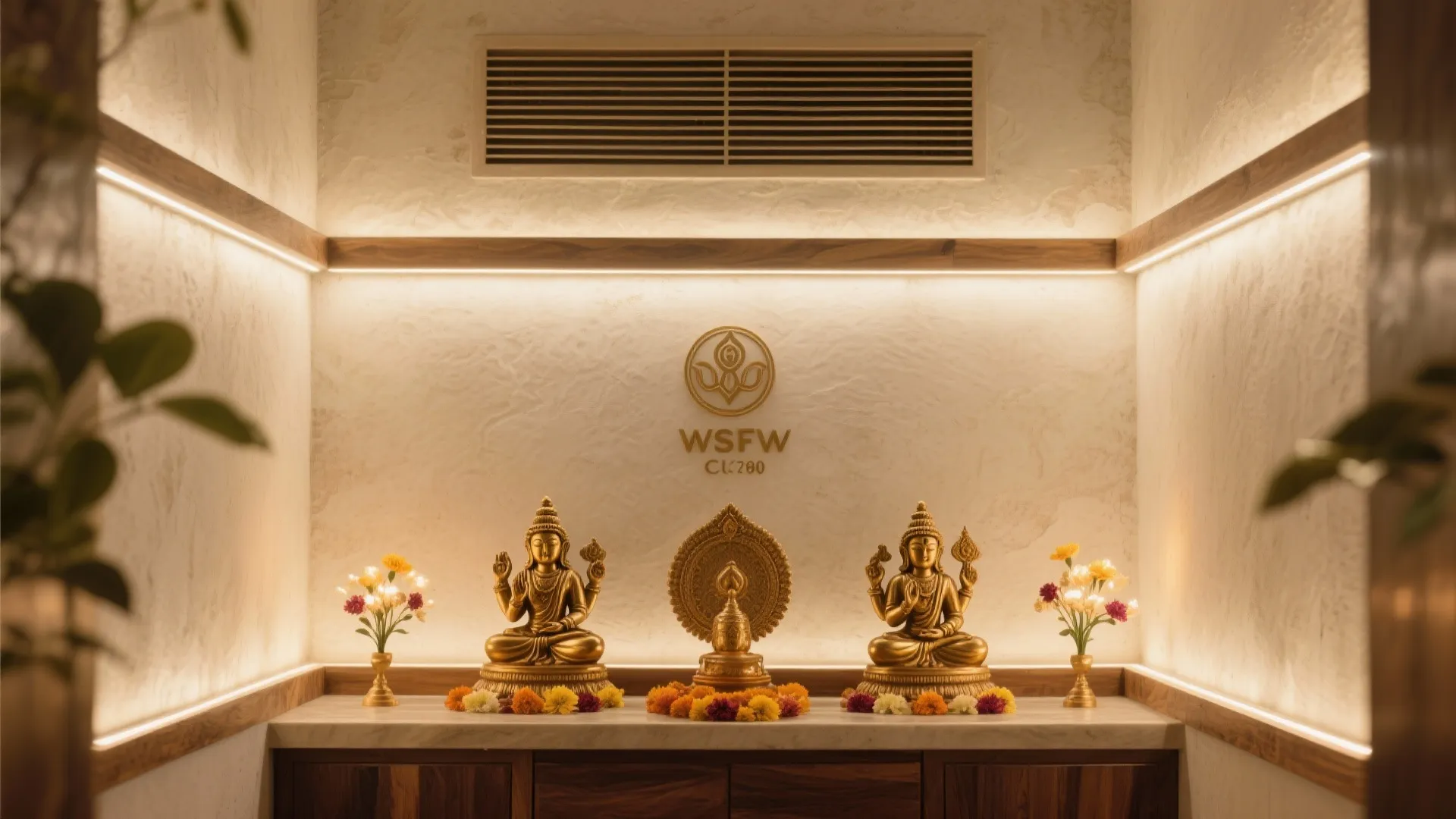 Golden statues and flower decorations in a small prayer room with warm hidden light strips