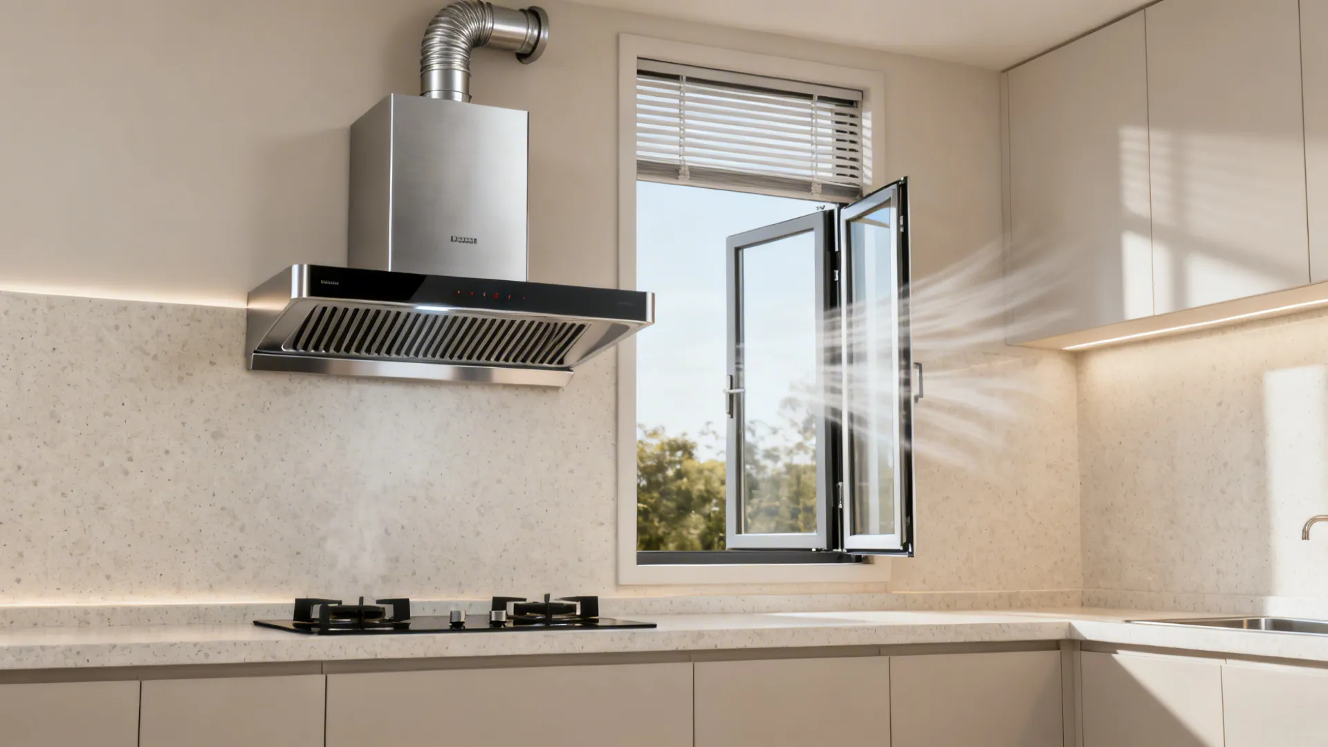 Indian kitchen with a baffle-filter chimney and cross-vent window facing the hob on an external wall.