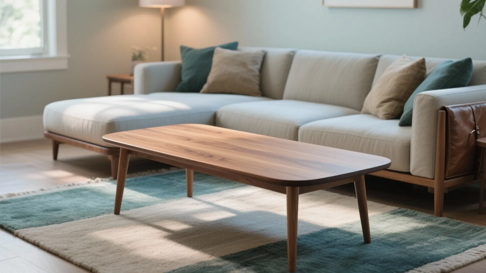 Modern wooden coffee table on a green rug in a light living room with sofa