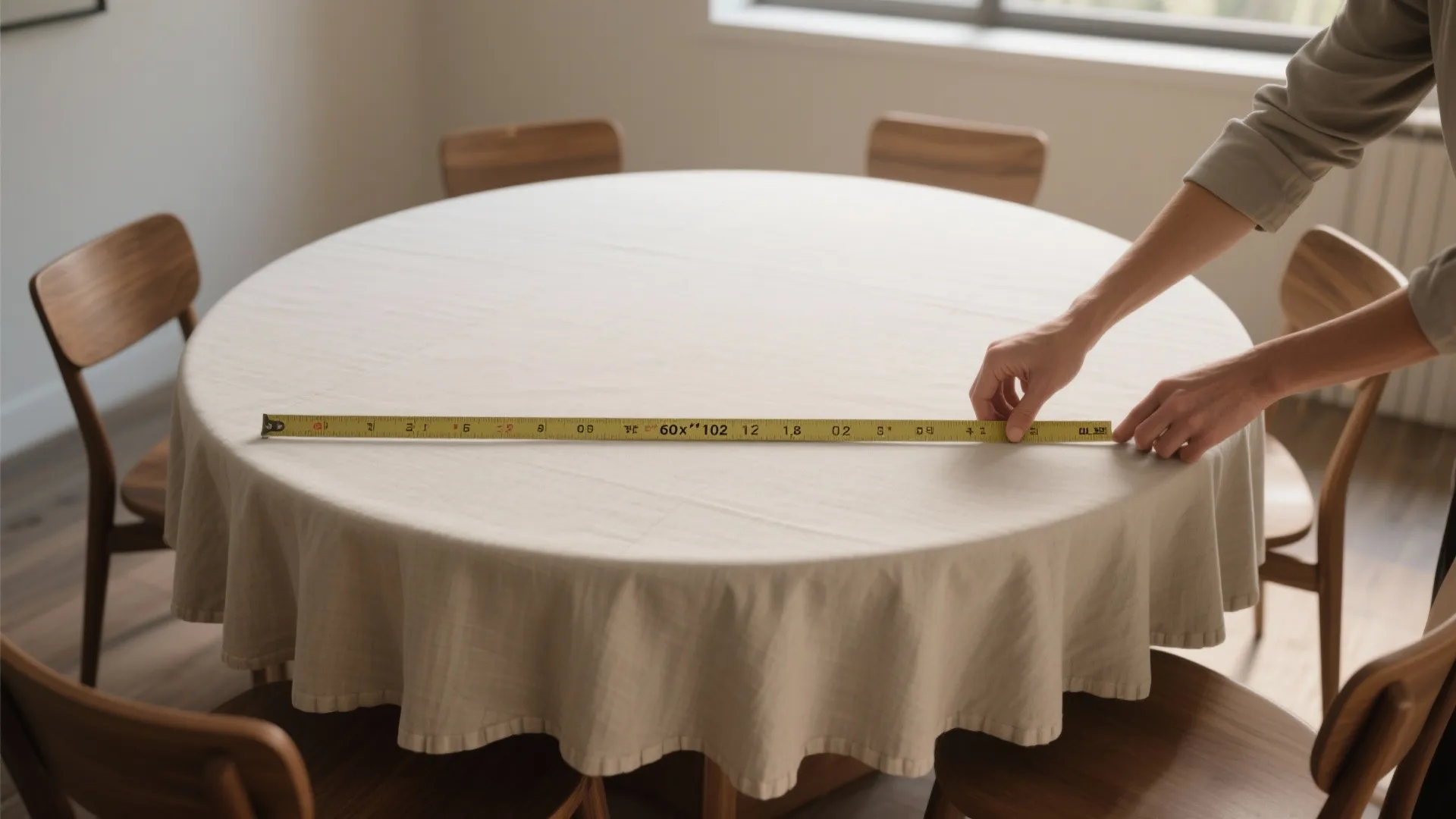 A person using a yellow measuring tape to measure a round dining table with tablecloth