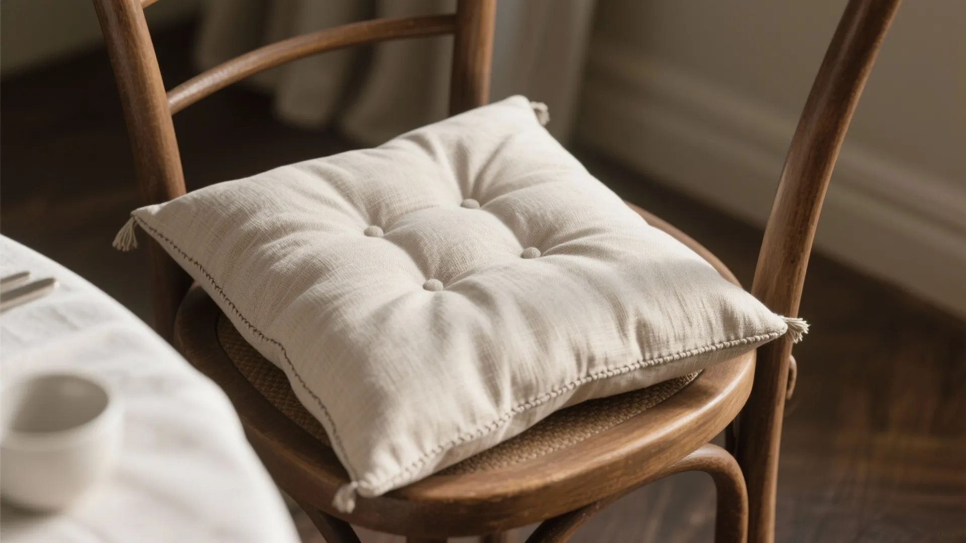 Close up of a beige fabric seat cushion with buttons placed on a wooden chair