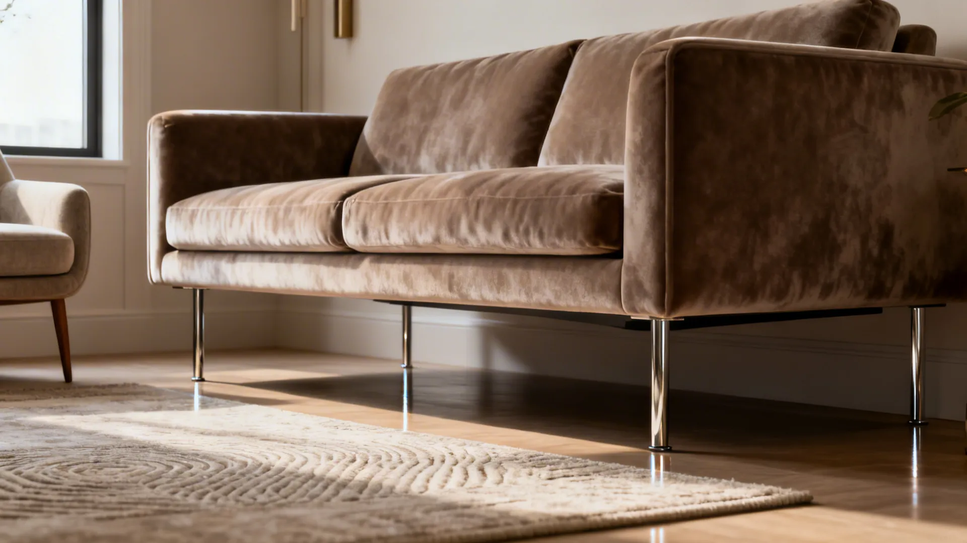 Tailored velvet loveseat on slim metal legs in a compact living room with a small accent chair