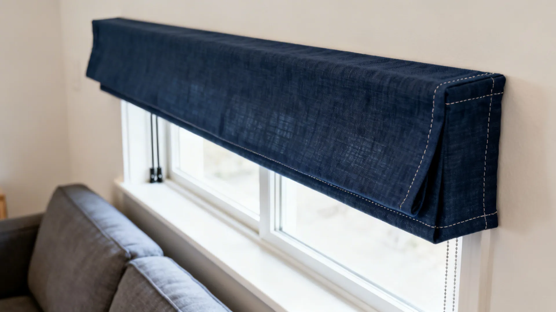 Dark blue fabric curtain with white stitching detail installed over a bright white window frame
