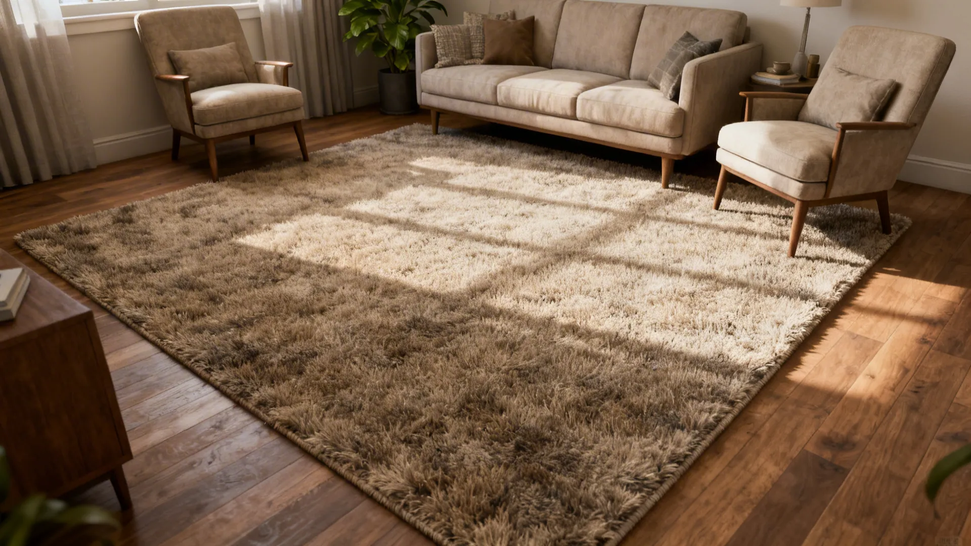 Small living room with a slightly oversized rug anchoring the seating area
