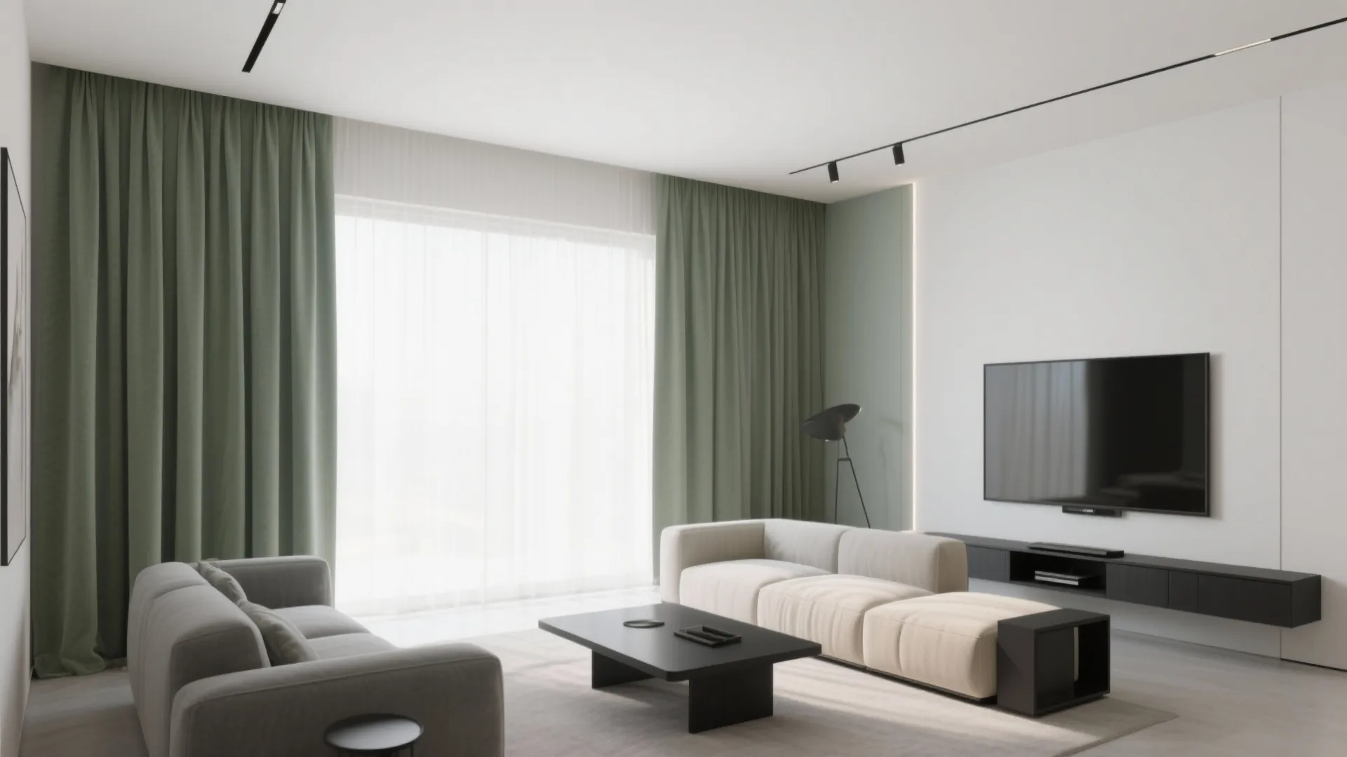 Modern living room with green curtains white sofa black coffee table and a wall television