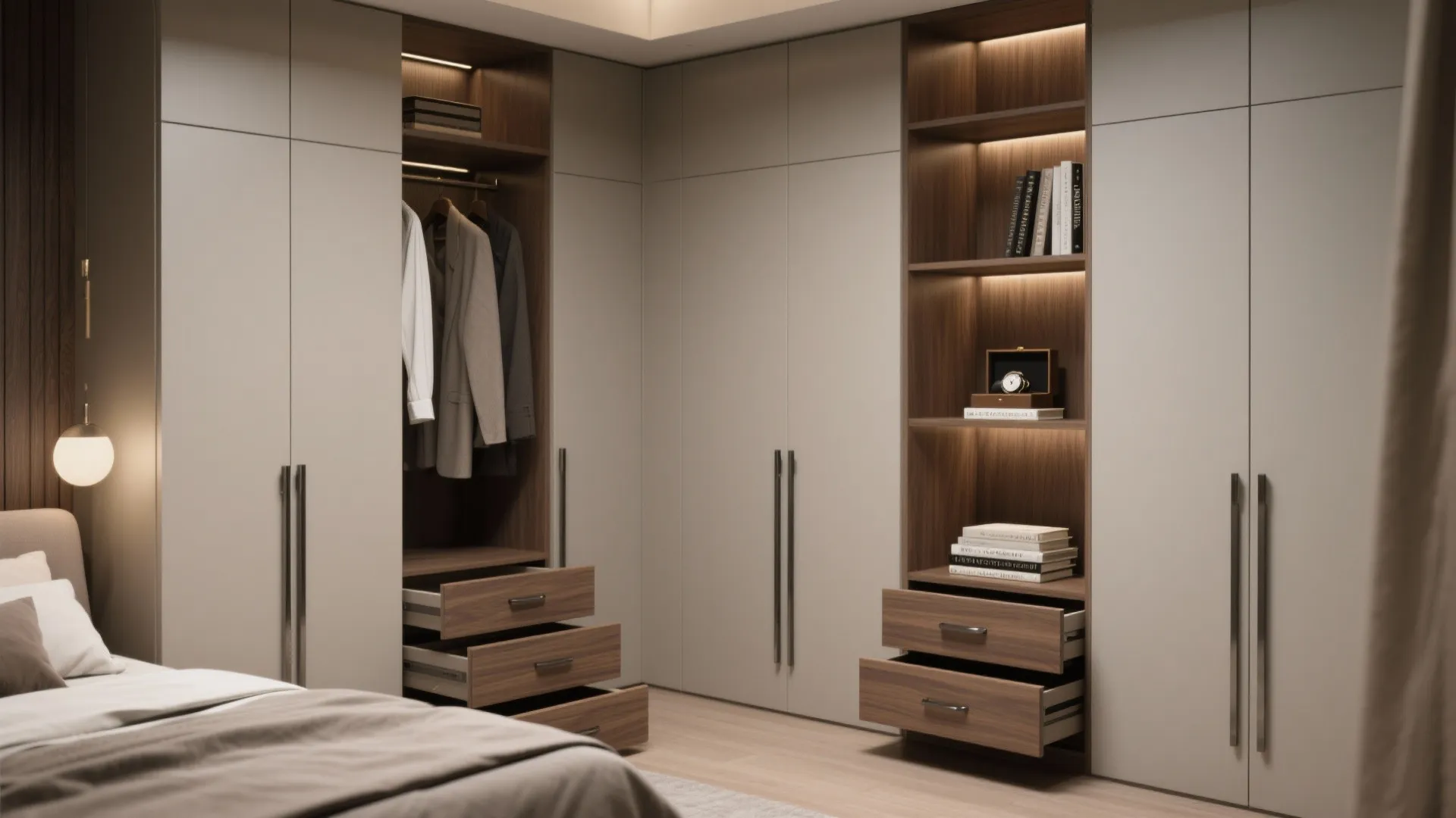 Modern bedroom wardrobe with beige doors, wooden shelves, hanging clothes, open drawers, and warm lighting