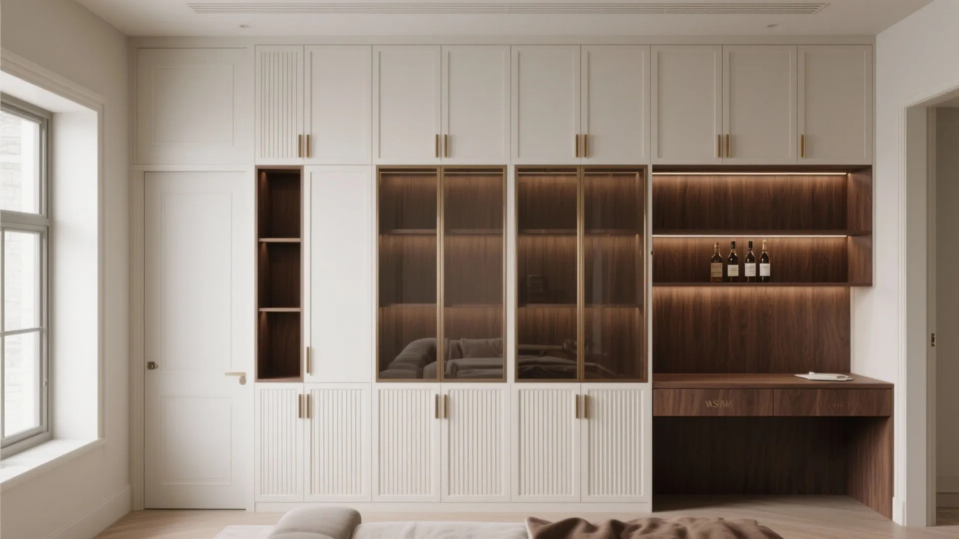 Large white wall cabinet with gold handles glass display doors wooden shelves and small desk