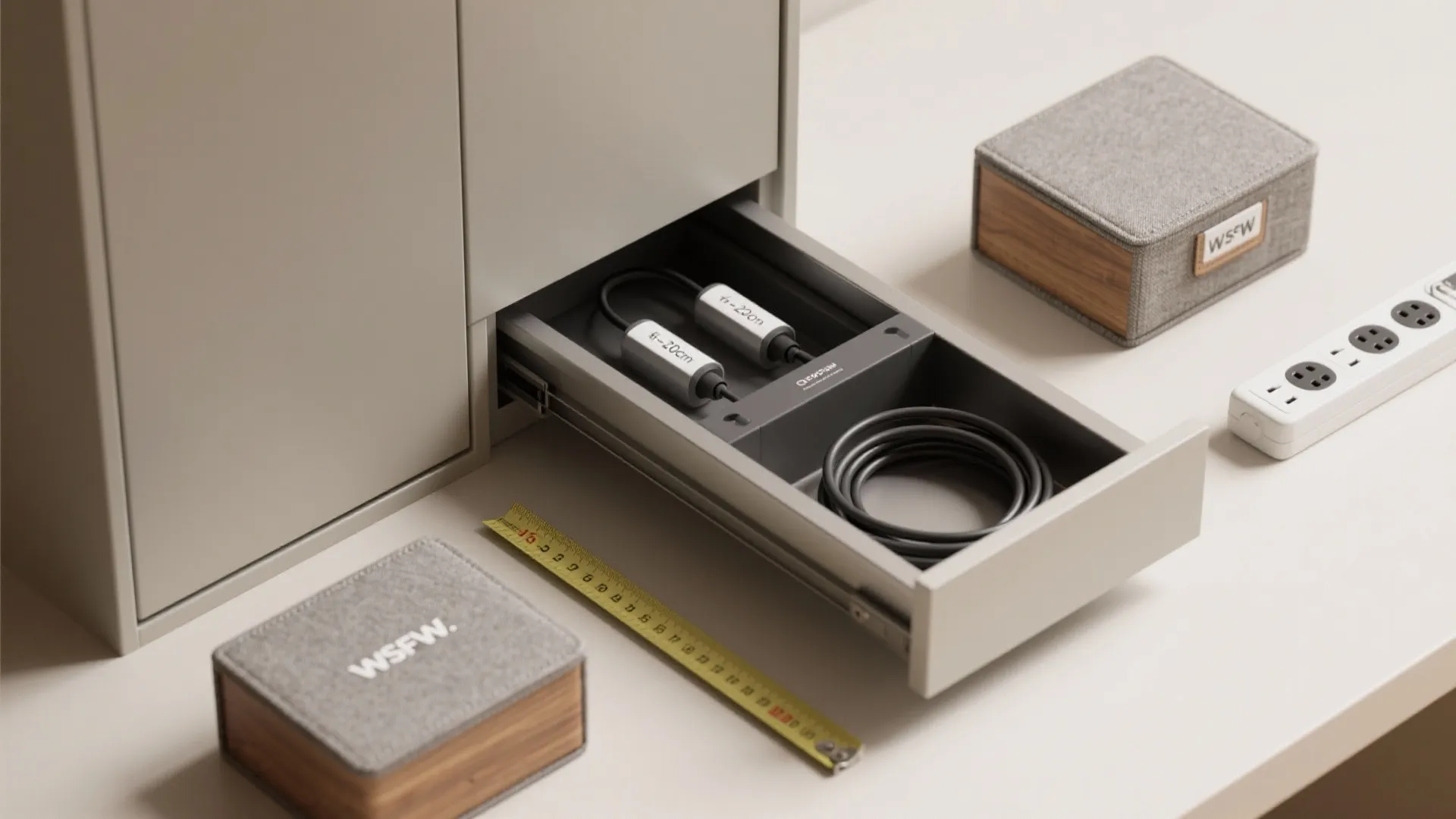 Close up of organized drawer with charging cables next to measuring tape and small storage boxes
