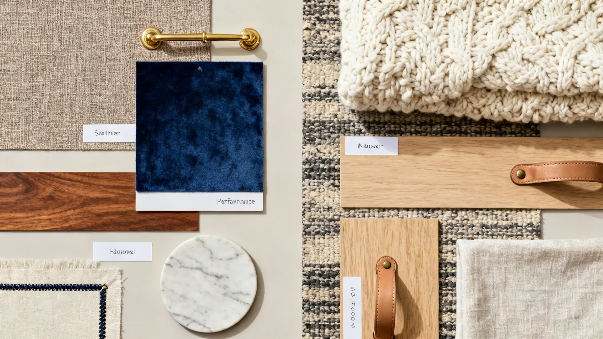 Material flat lay showing tailored drawing room finishes versus tactile sitting room textures.