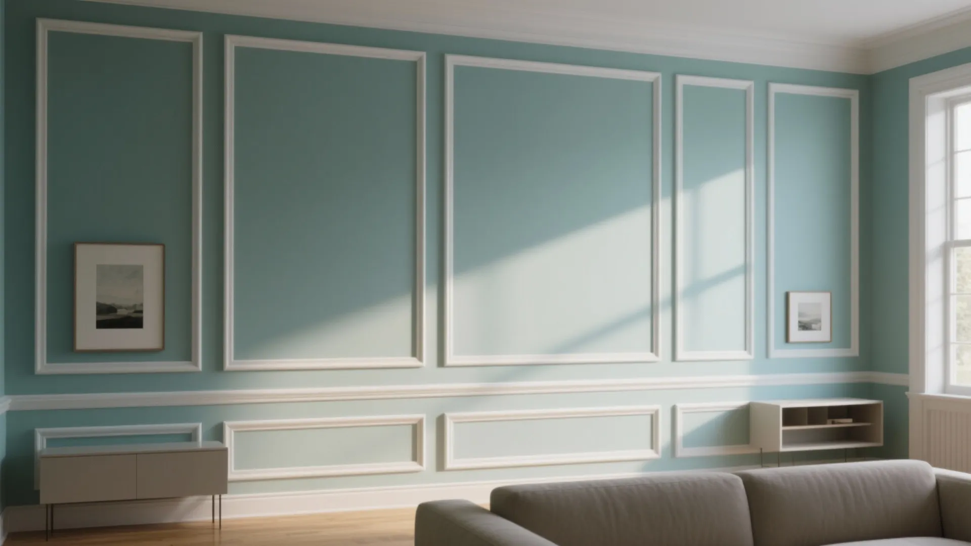 Teal living room wall with white wall panel frames two small pictures and one cabinet