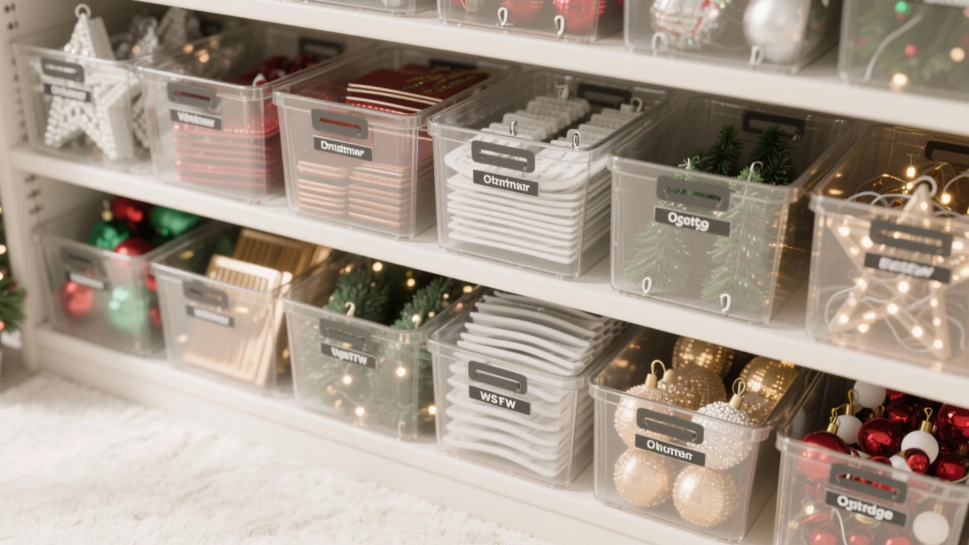 White storage shelves holding clear plastic bins filled with various organized Christmas decorations and ornaments