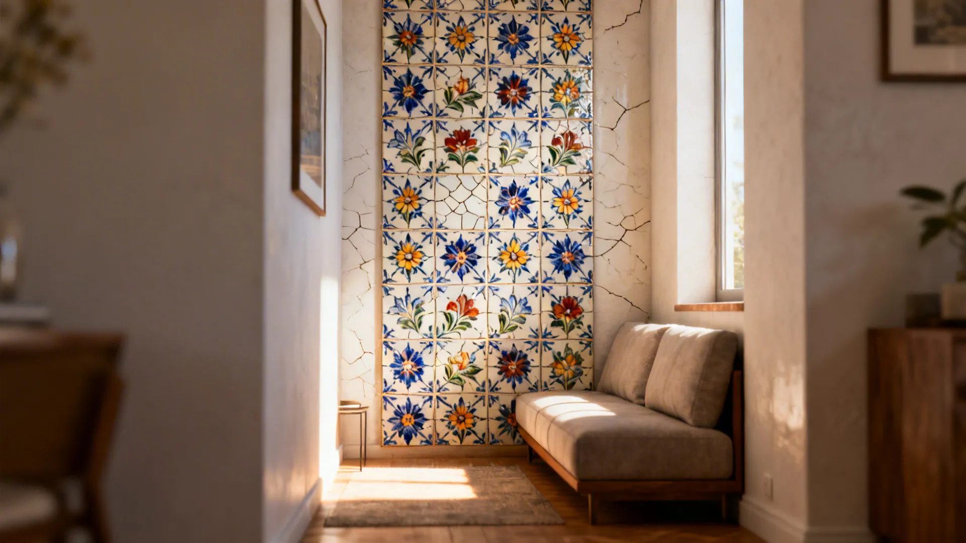 Vertical Talavera tile panel with glazed floral motifs behind a sofa in a small living room.