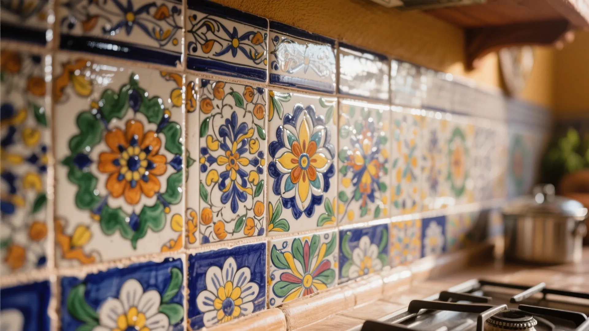 Close up of colorful floral wall tiles in a kitchen with a stove and metal pot