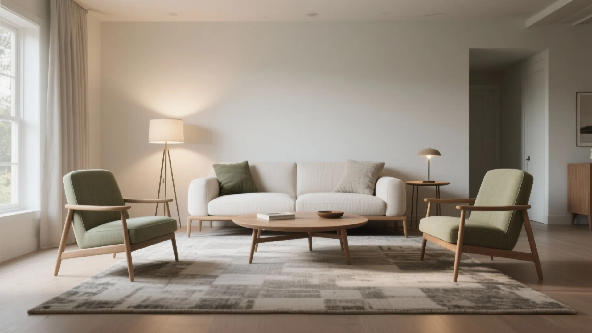 Modern living room with a white sofa two green chairs and a round coffee table