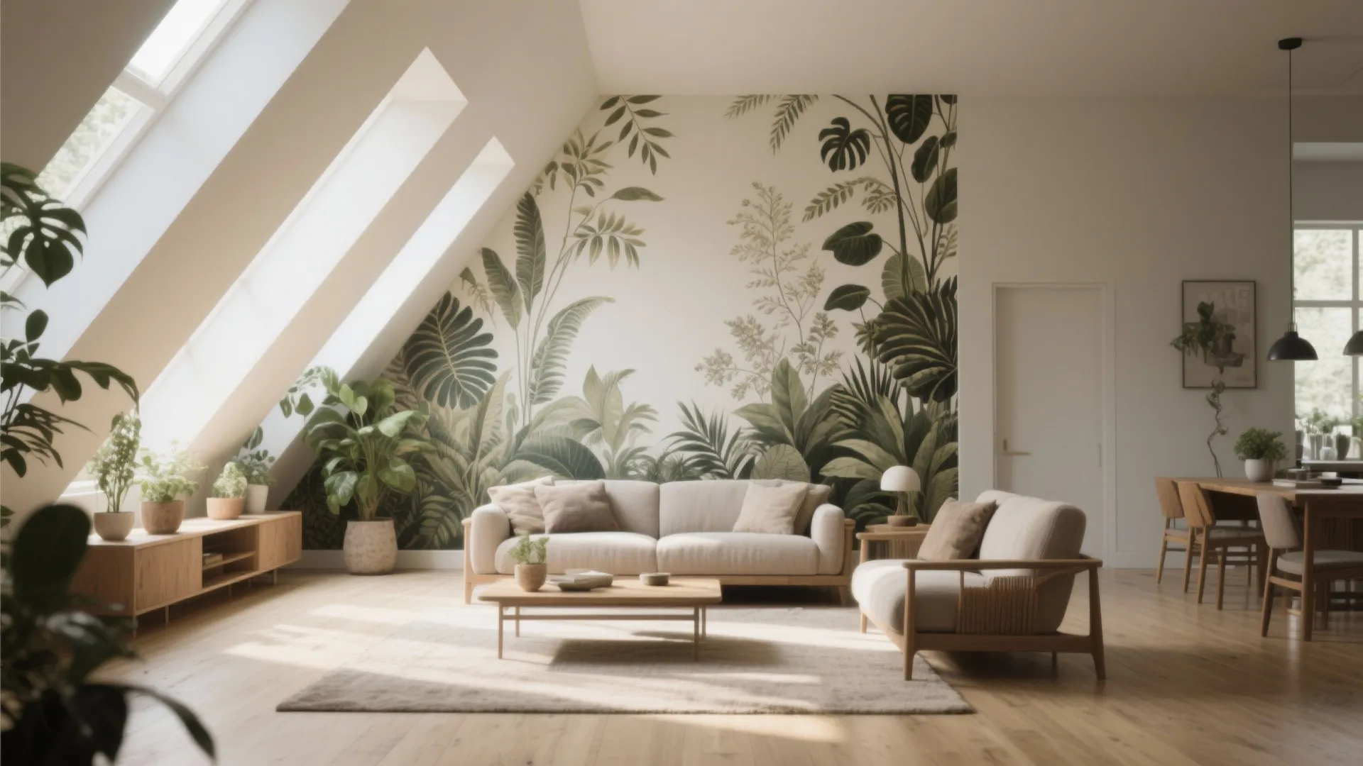 Living room with slanted ceiling roof windows tropical leaf wallpaper white sofa wooden coffee table
