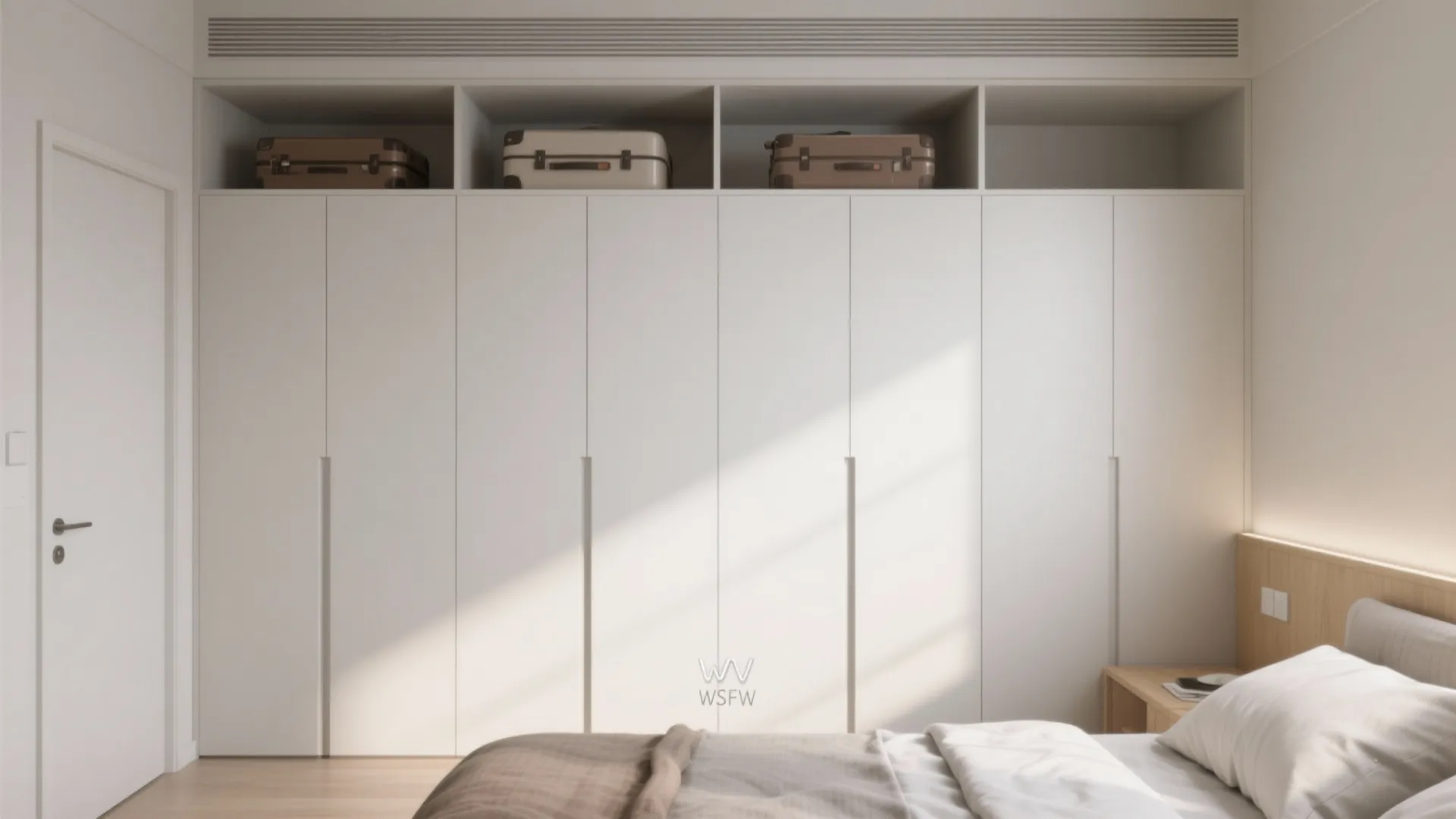 Minimalist white bedroom closet with top open shelves holding several suitcases and a soft bed