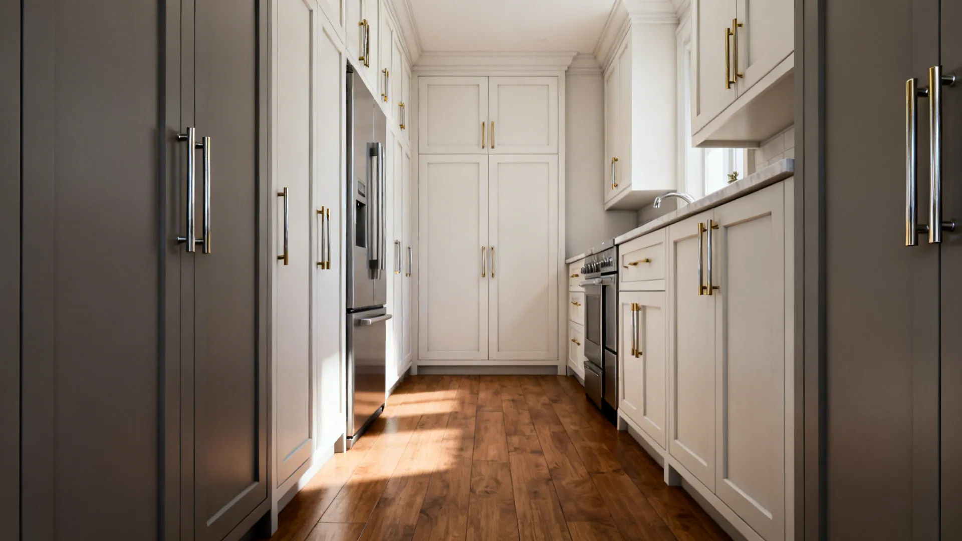 Tall pantry and panel-ready fridge with oversized vertical appliance pulls aligned cleanly.