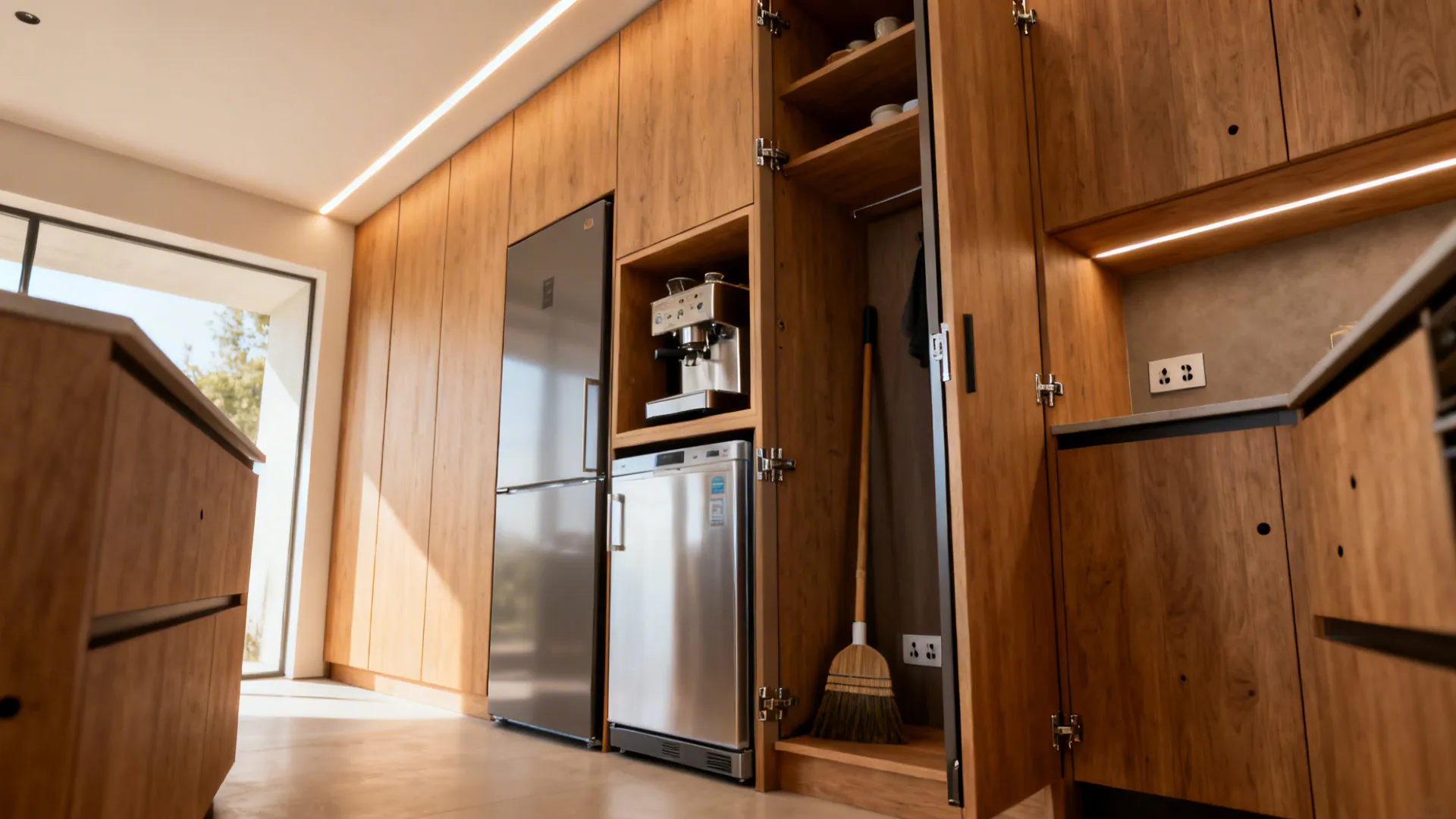 Tall appliance wall with pocket-door coffee niche, integrated freezer, pantry storage, and matte oak panels.