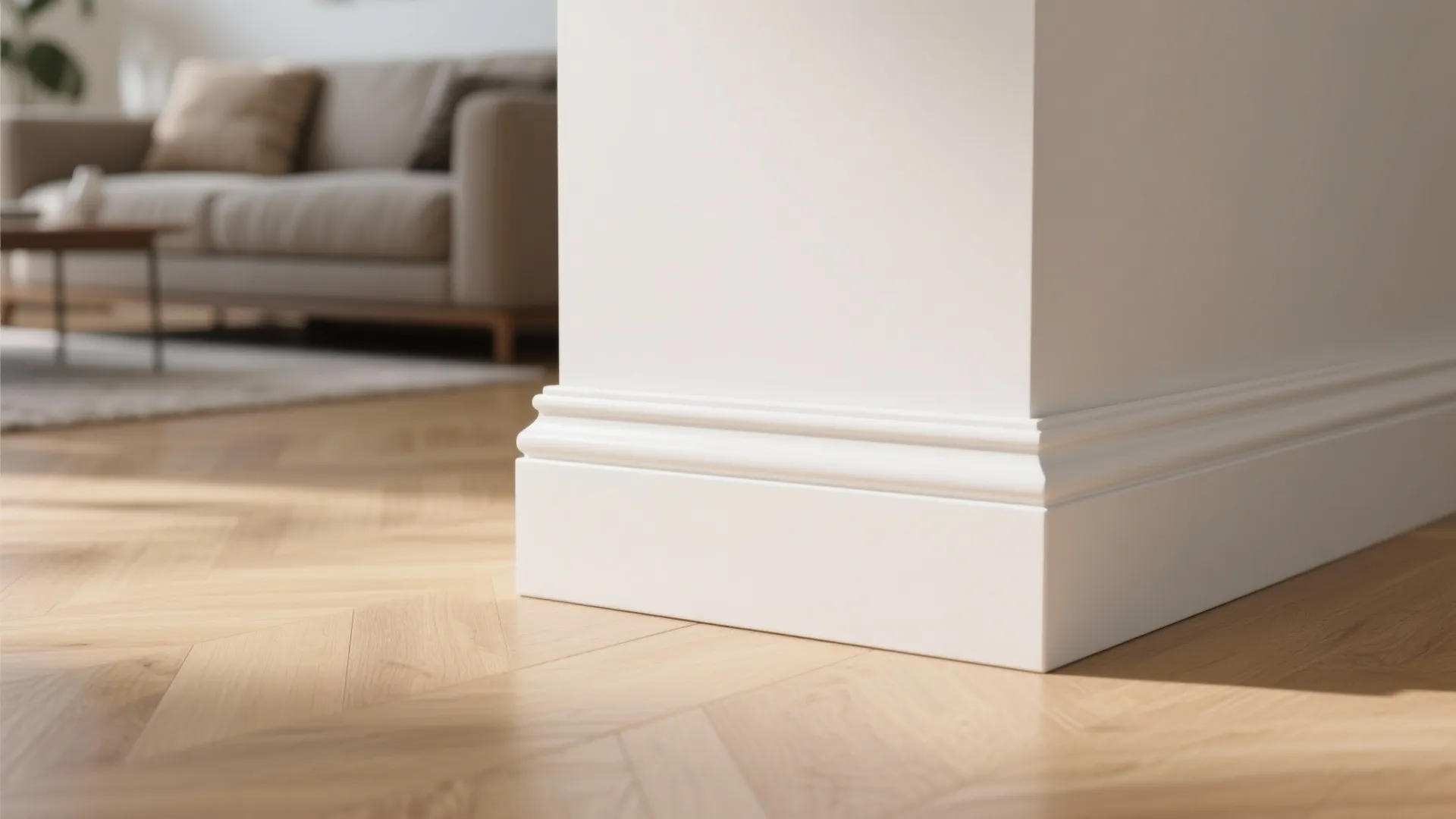 Close up view of white floor board on wood floor with sofa in the blurred background
