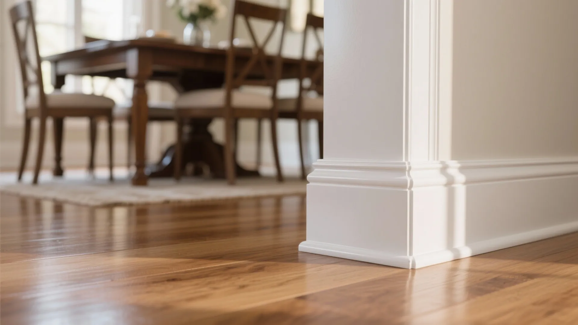 Close up of white wall panel baseboard on wooden floor with blurred dining room background