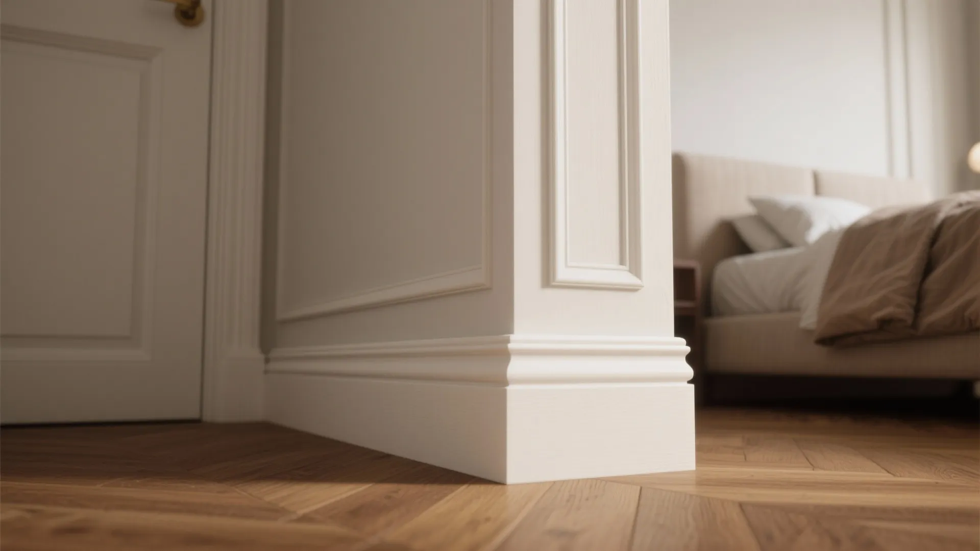Close up of white wall panel and floor trim in a room with wood flooring