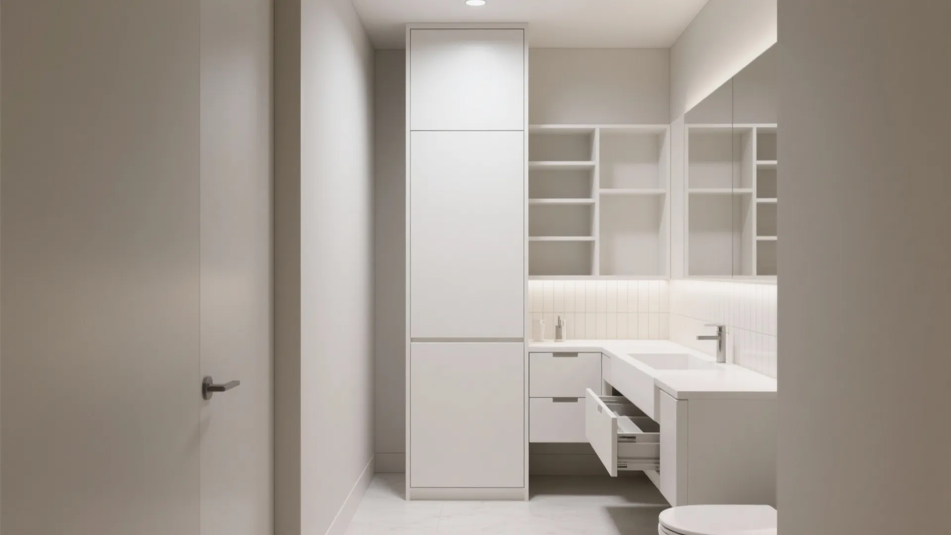Minimalist white bathroom featuring a tall storage cabinet next to a sink with open drawers