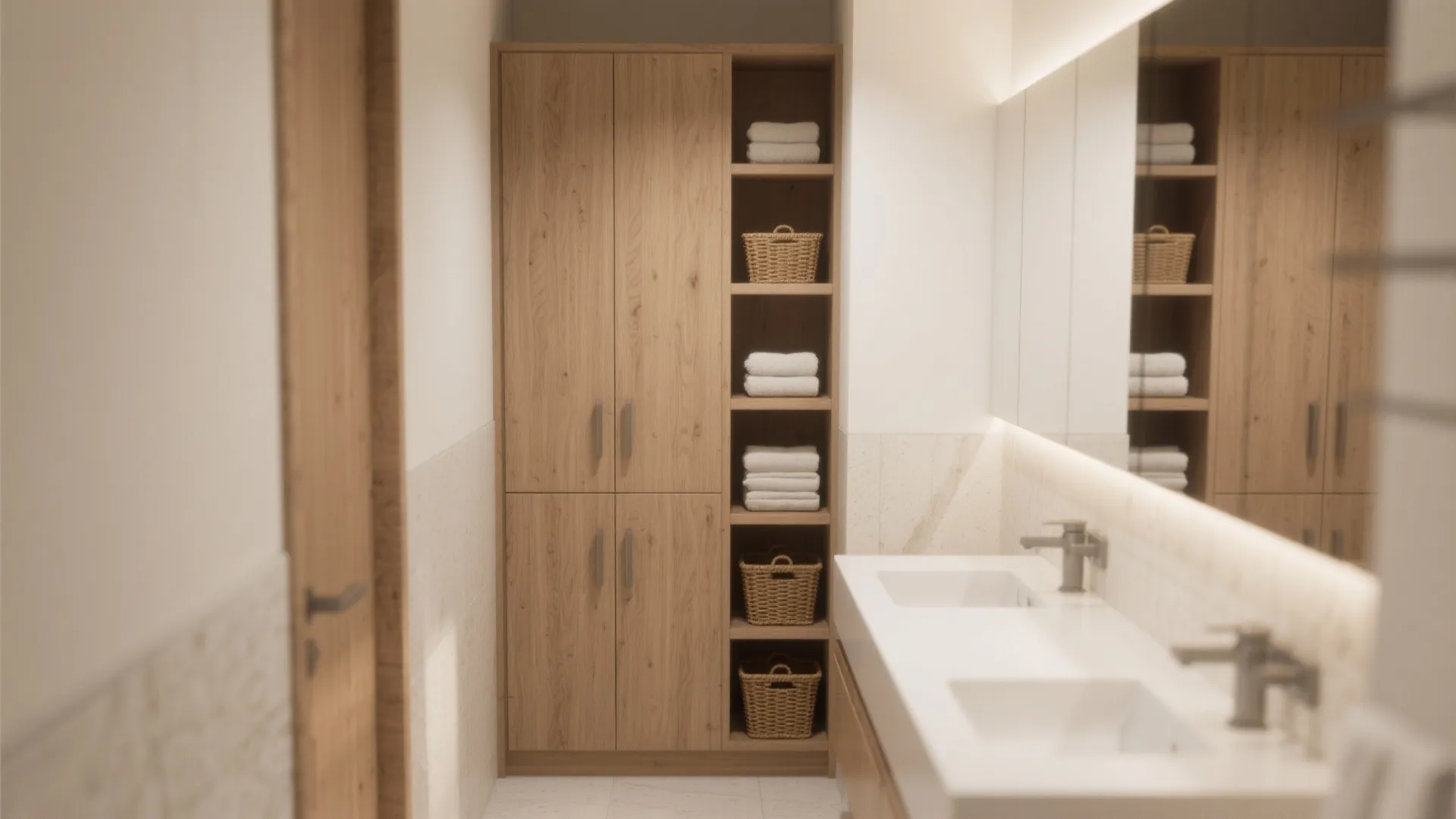 Modern wood bathroom cabinet with tall doors and open shelves holding white towels and baskets
