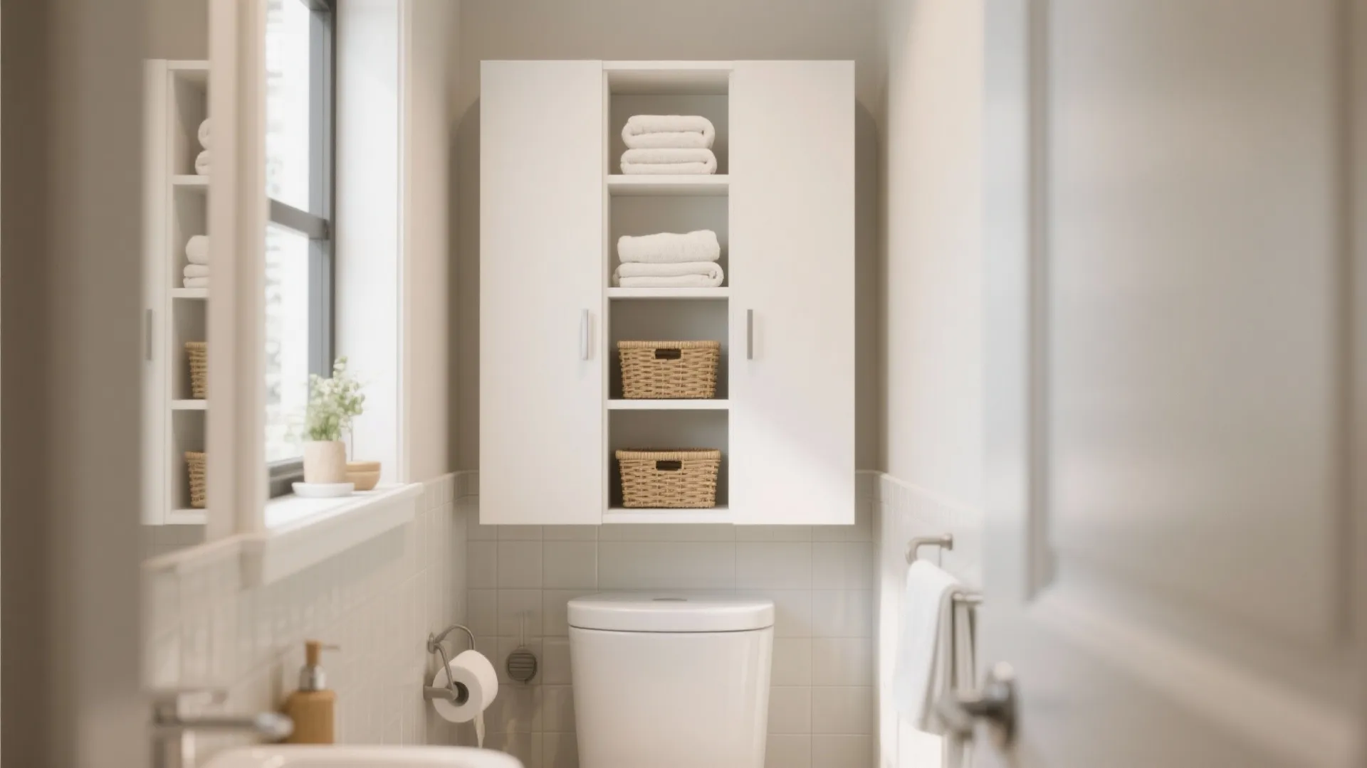 White wall cabinet above toilet containing folded towels and small baskets in a bright bathroom