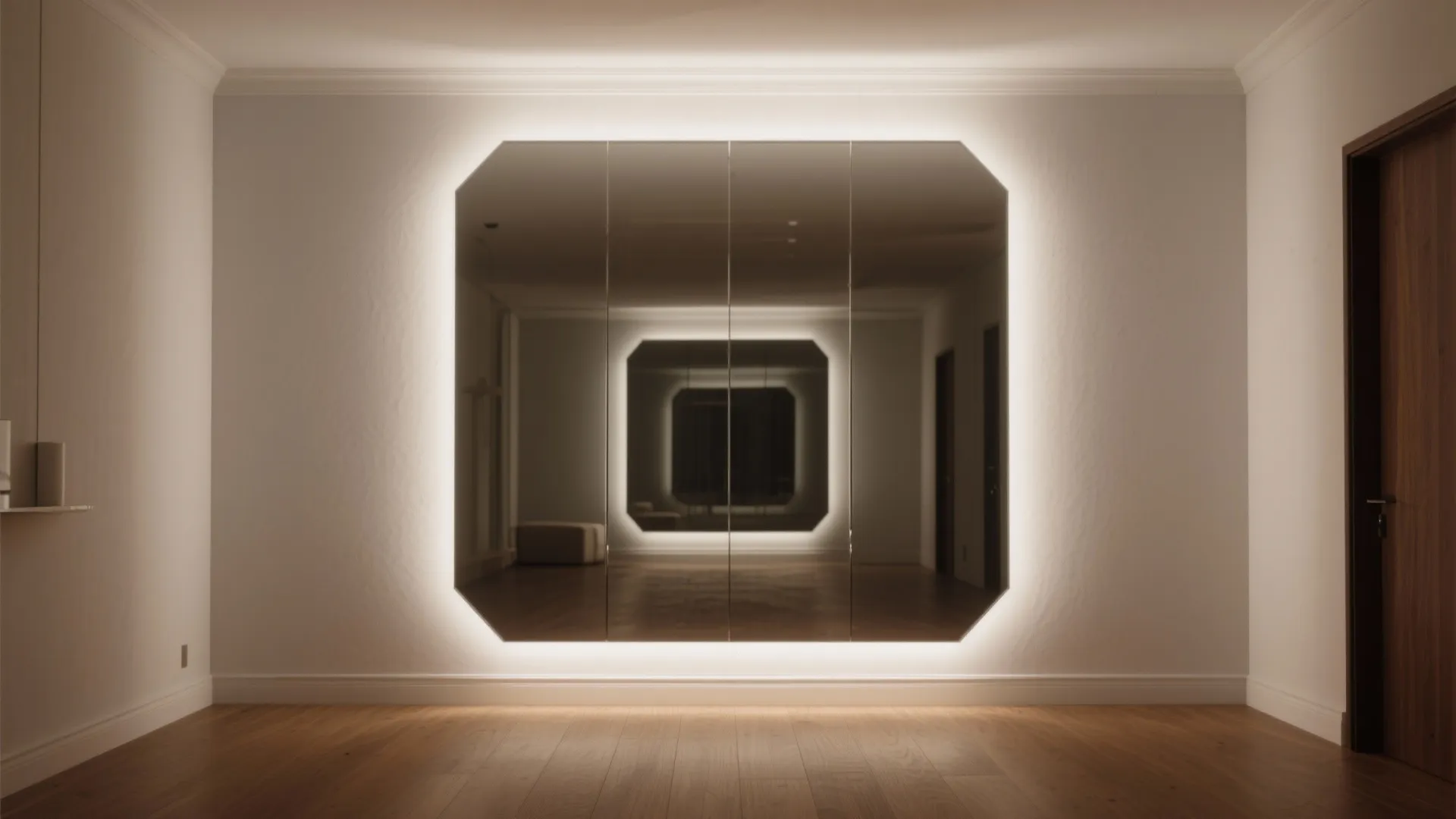 Modern wall mirror with backlighting in a room featuring wooden floors and a dark door