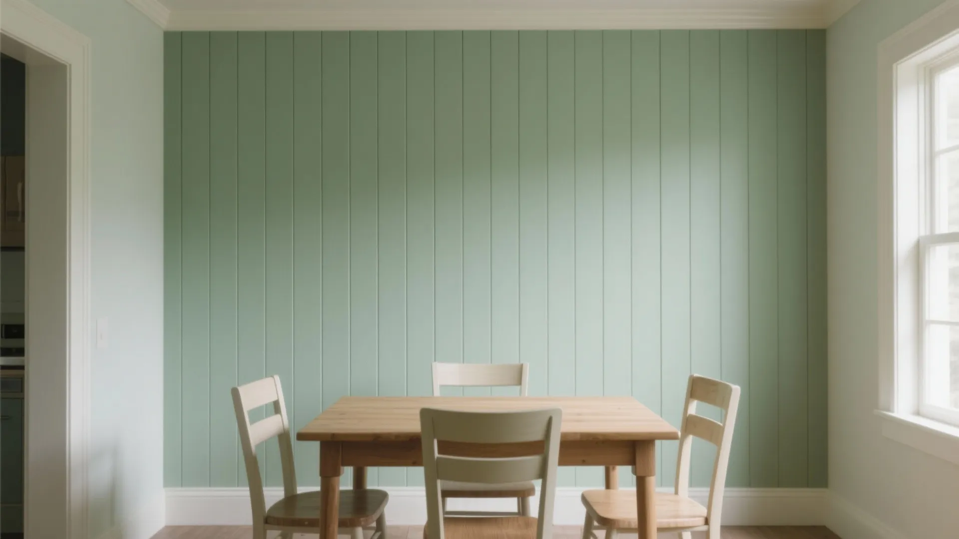 Modern dining area featuring green vertical wall panel with wooden table and light beige chairs