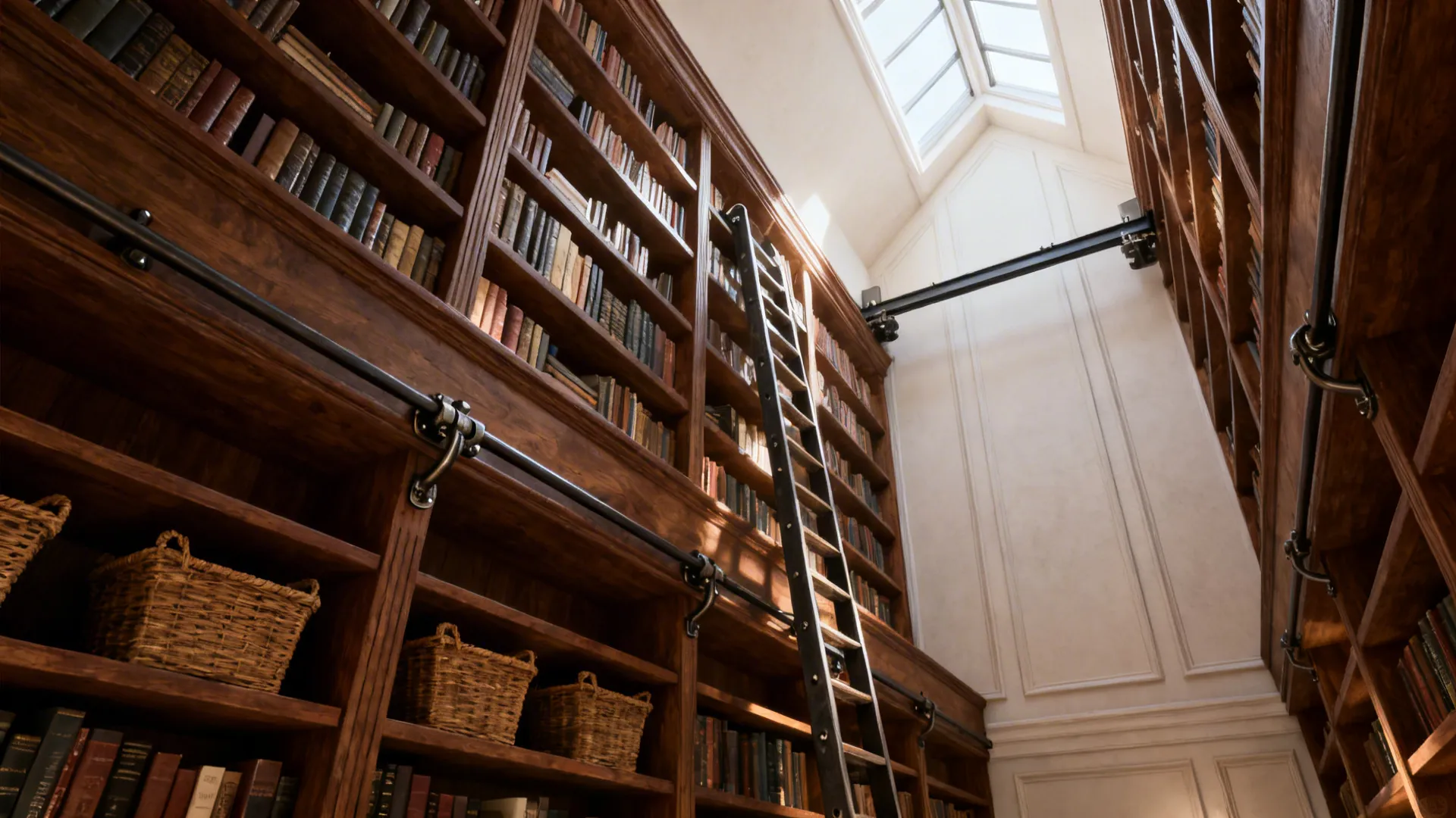 Loft interior with a floor-to-ceiling bookcase and rolling ladder, mixed-depth shelves with baskets and books.