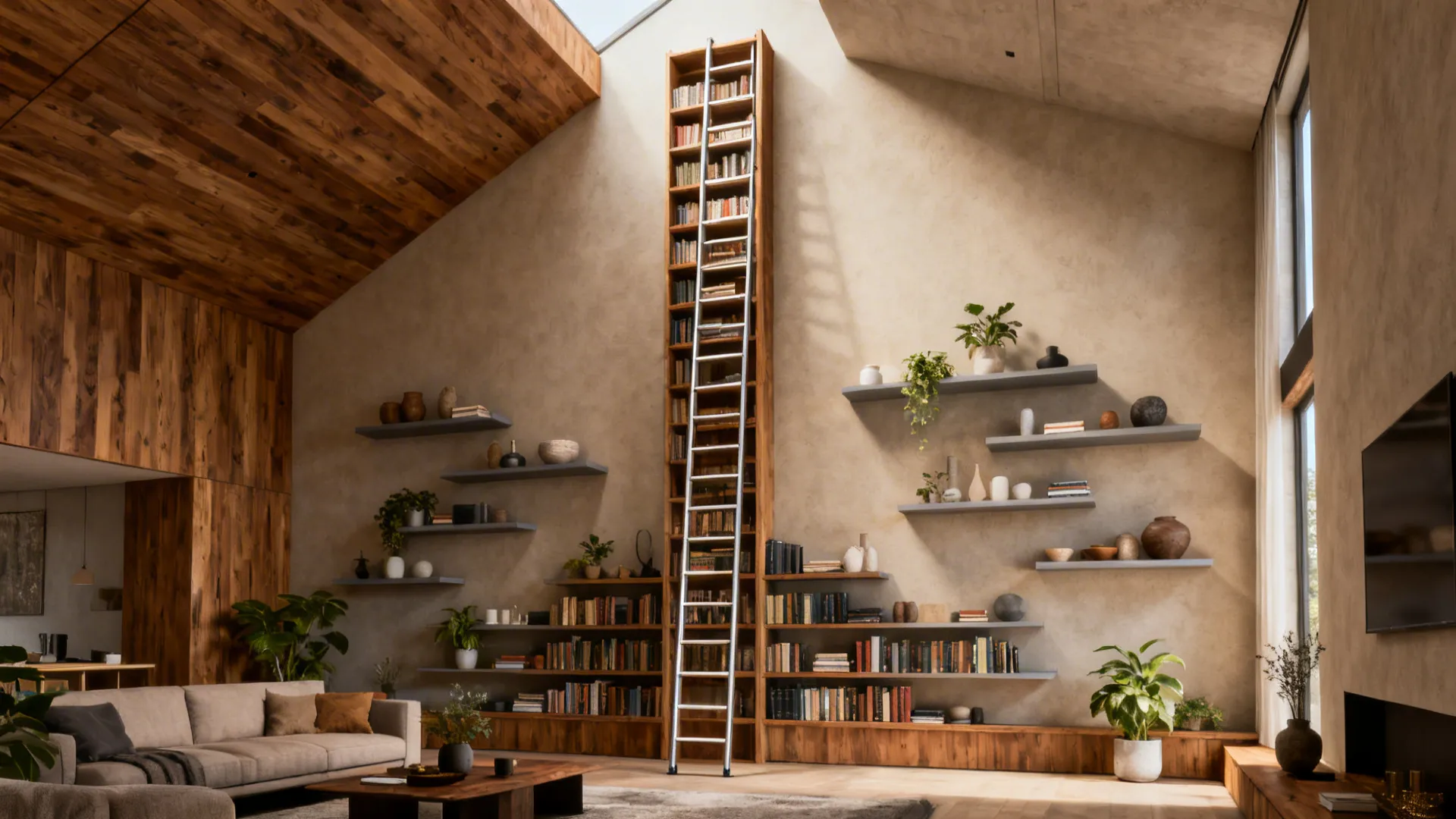 4. Floating Shelves and Tall Bookcases