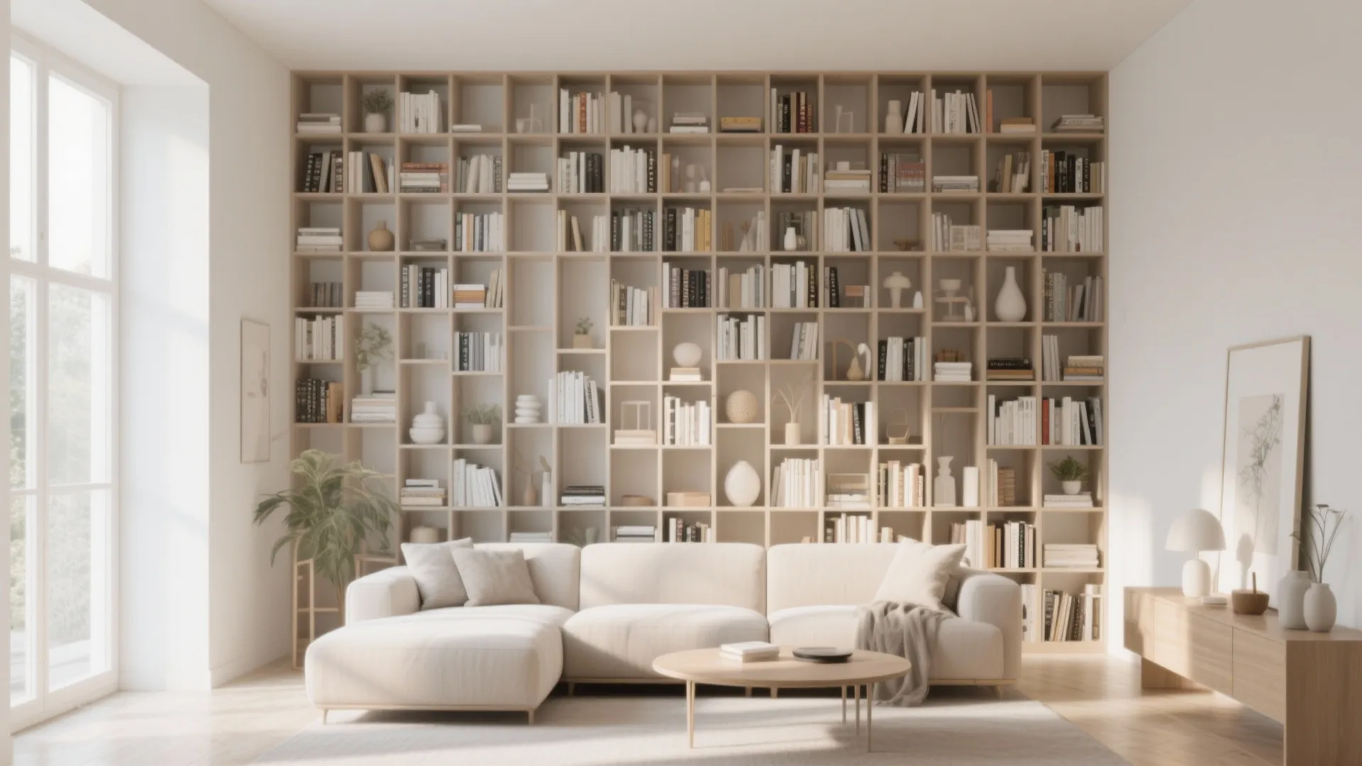 Large wooden wall bookshelf behind a white sectional sofa in a bright modern living room