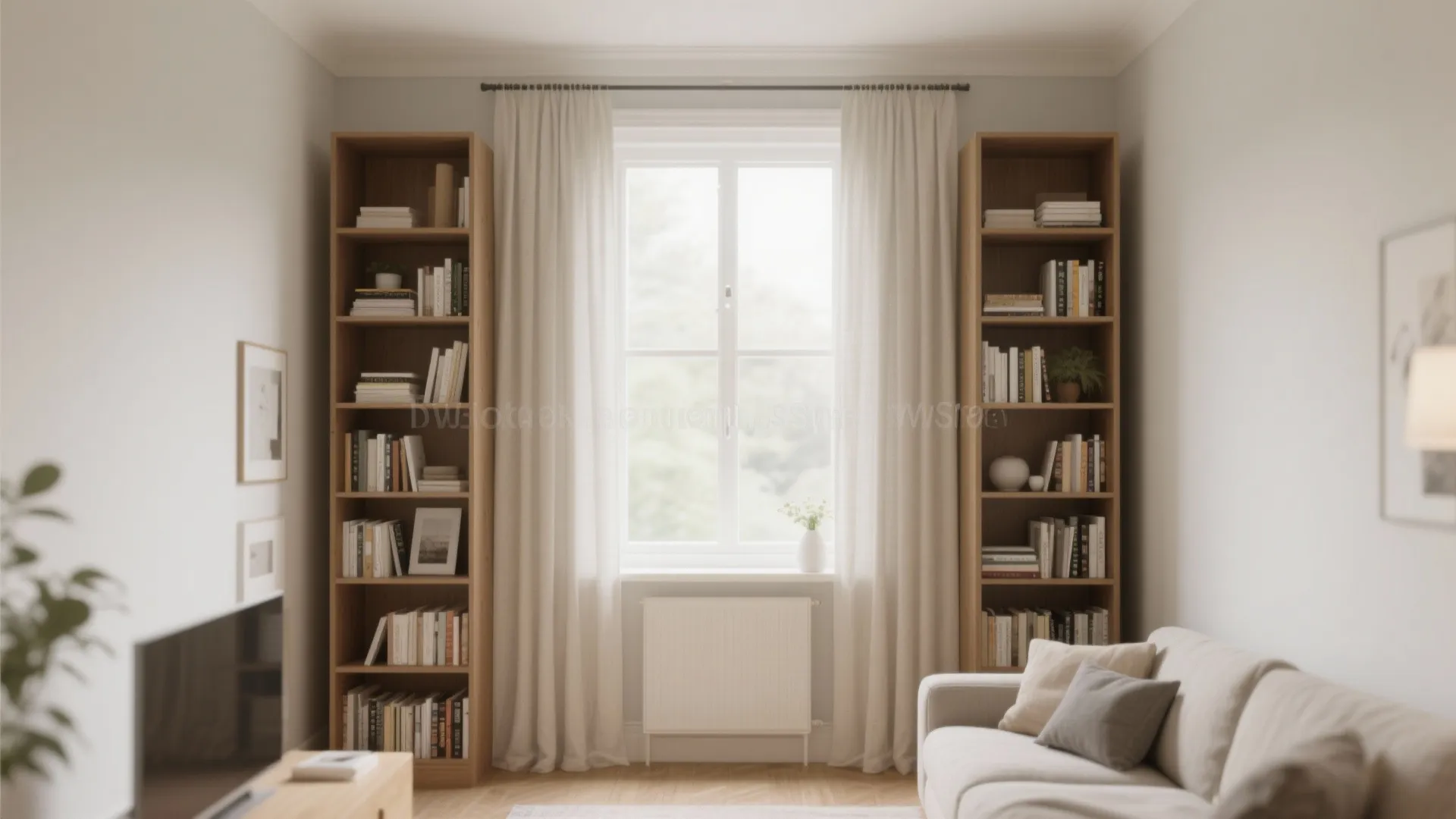 Two tall wooden bookcases flanking a window with white curtains and a comfortable beige sofa
