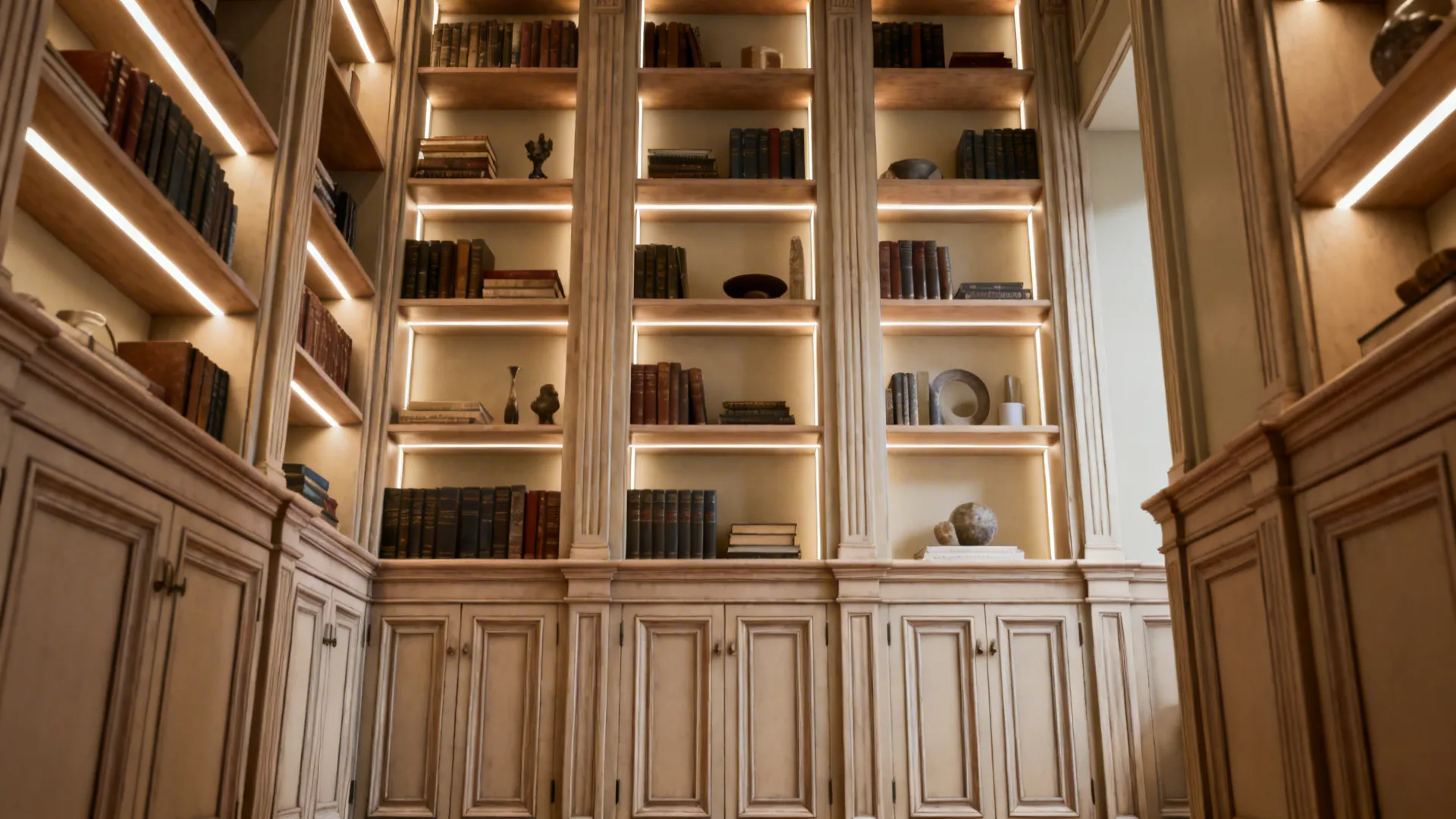 Wall of tall built-in bookcases with lower cabinets and integrated lighting anchoring a high living room.